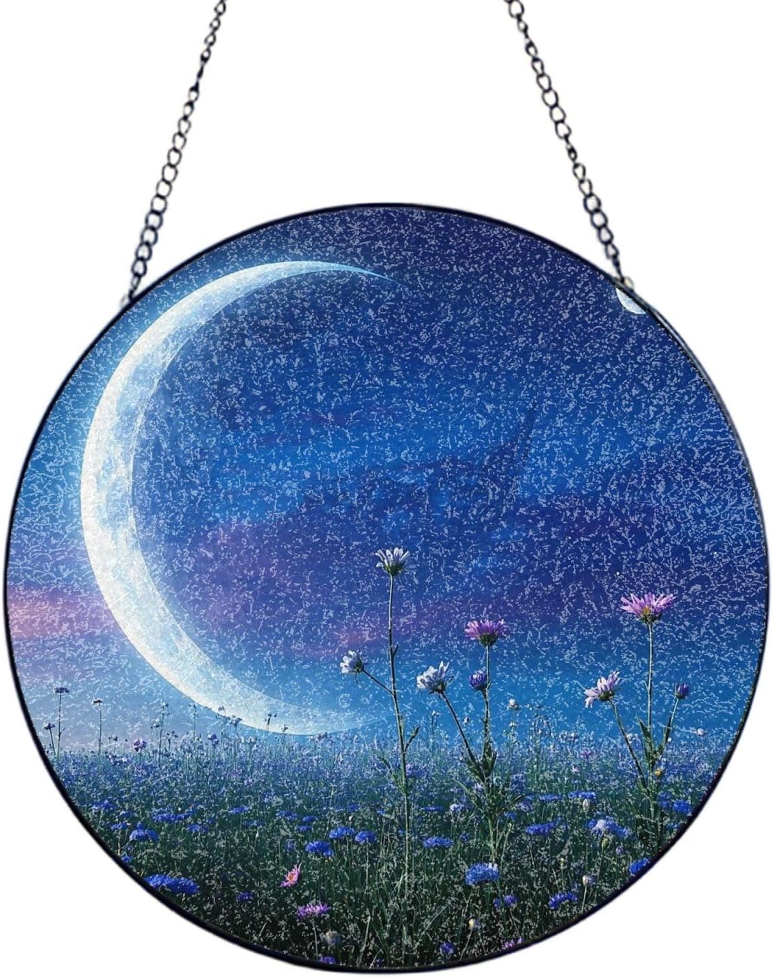 Stained Glass Window Hanging 12in Window Suncatcher Glass Panel with Metal Chain Wildflowers and The Moon in Outer Space Sun Catchers Wall Art Home Decor Gift for Women Mother's Day