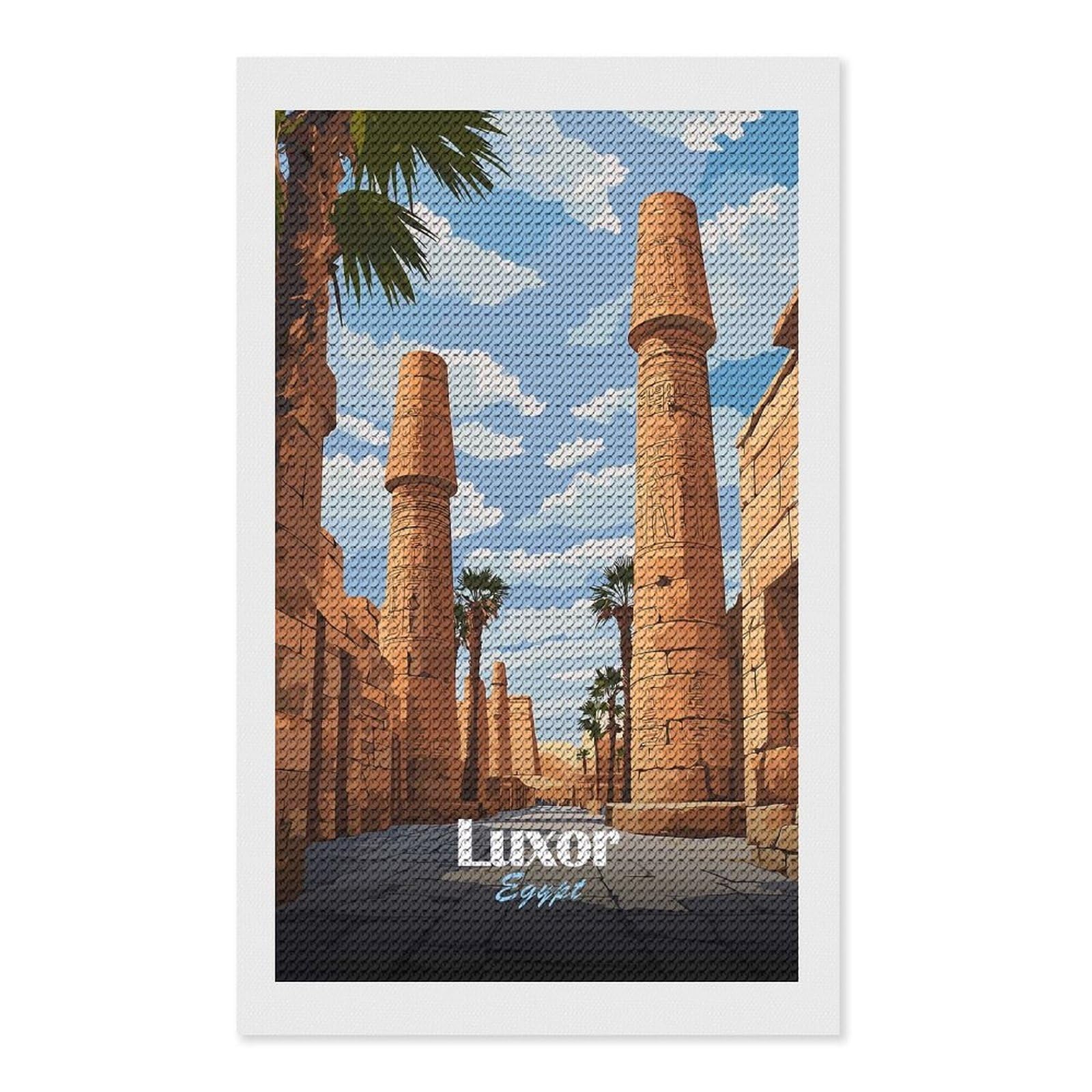 Junmoney Luxor Egypt Temple Illustration Diamond Painting Canvas Kit 12"x20", Leisure Activity, Aesthetic Room Decor, with Tool Kit, DIY, Gift