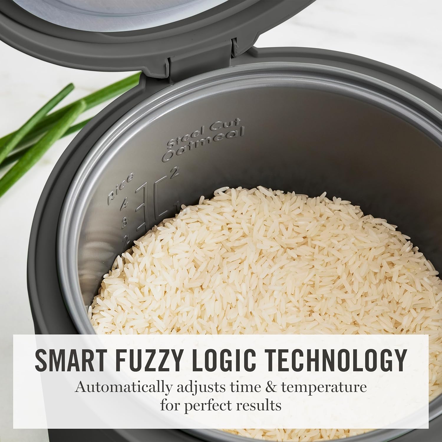 Martha Stewart Rice Cooker, 4 Cup (Uncooked) / 8 Cup (Cooked), Ceramic Non-Stick Removable Pot, Keep Warm, Measure Markings, Steam Basket, Brown & Sushi Rice, Quick Cook, Quinoa, Grains, Oats, Caviar Gray