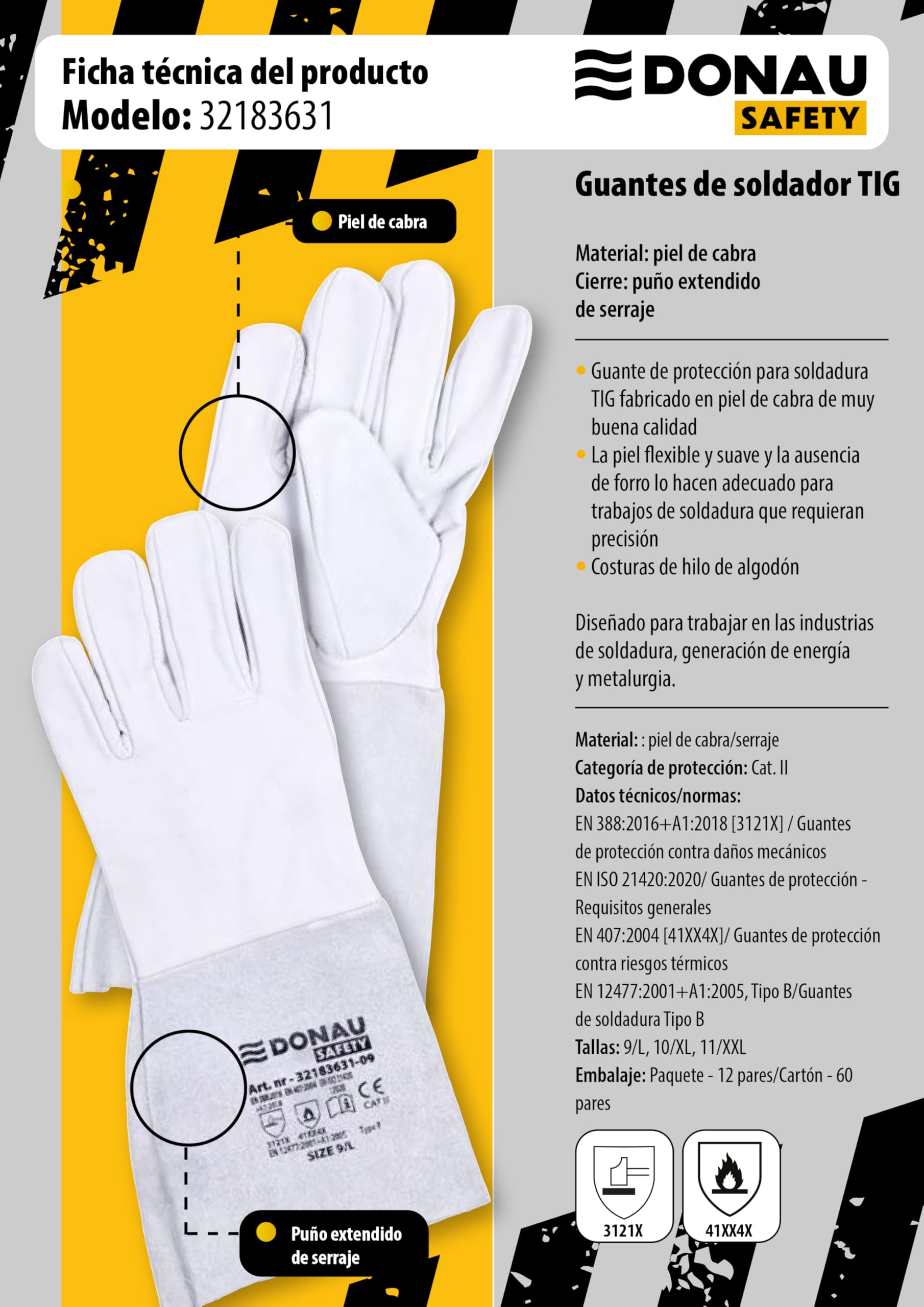 DONAU SAFETY Guante de soldador de piel de cabra para soldadura TIG/talla 9, 1 par/tacto suave, muy suave y cómodo/guantes de trabajo de cuero/guantes de protección