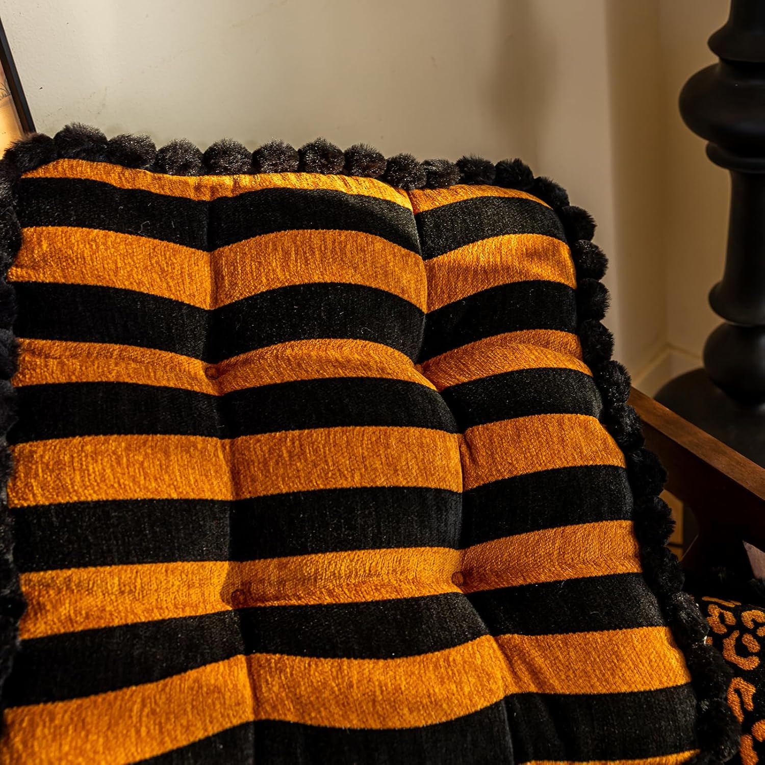 vctops Chenille Stripe Print Chair Cushions with Faux Fur Pompoms Soft Thick Chair Pads Square Seat Cushions for Indoor Dining Room and Kitchen Chairs (Orange B,16"x16")