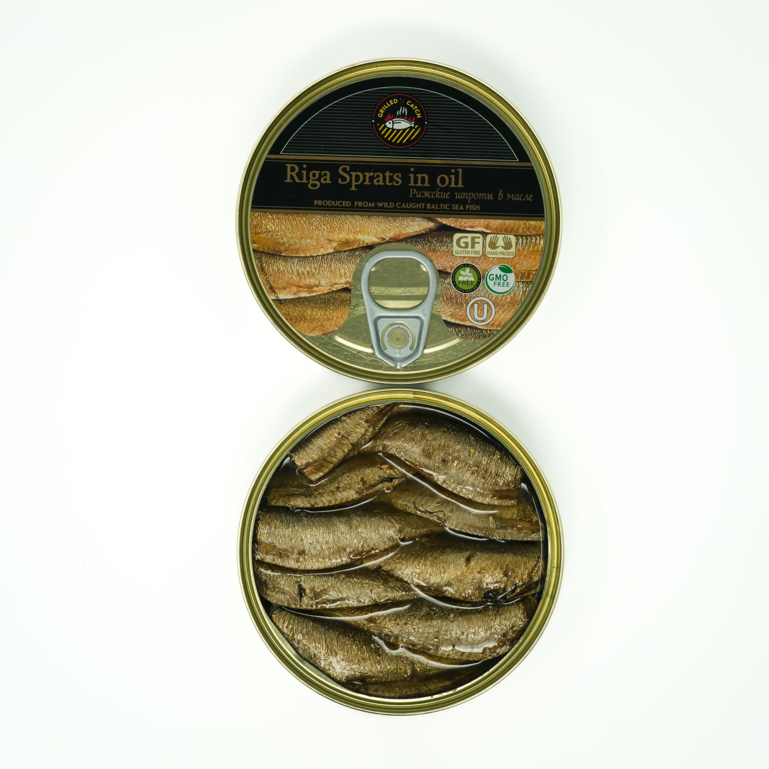 Sprats Riga Smoked (12 Pack) Gold Star 5.6 Oz Tins in vegetable Oil Latvia