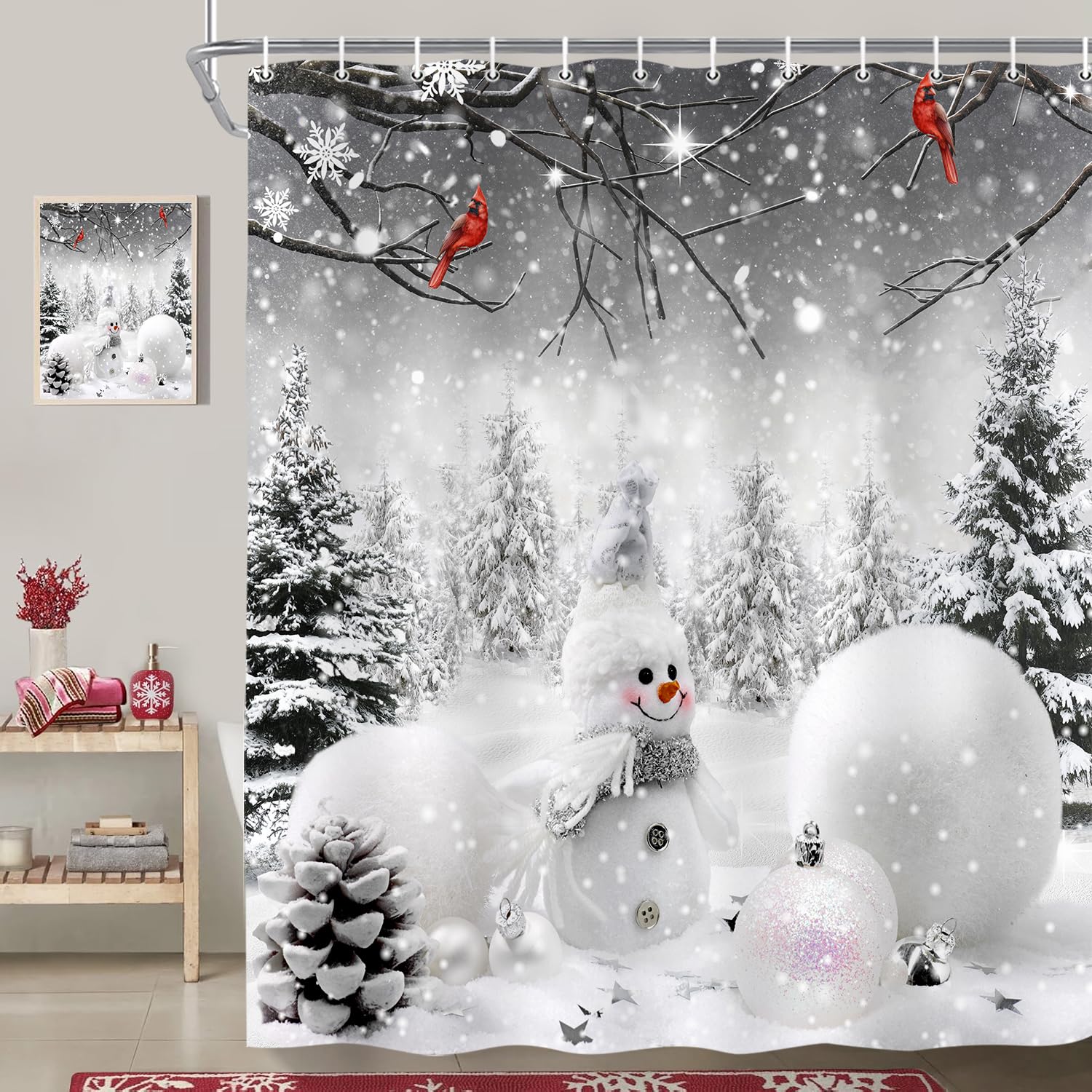 Weihnachts-Duschvorhang – 180x180 Cm, Mit Schneemann, Weihnachtsbaum & Schneeflocken, Inkl. 12 Haken, Aus Polyester
