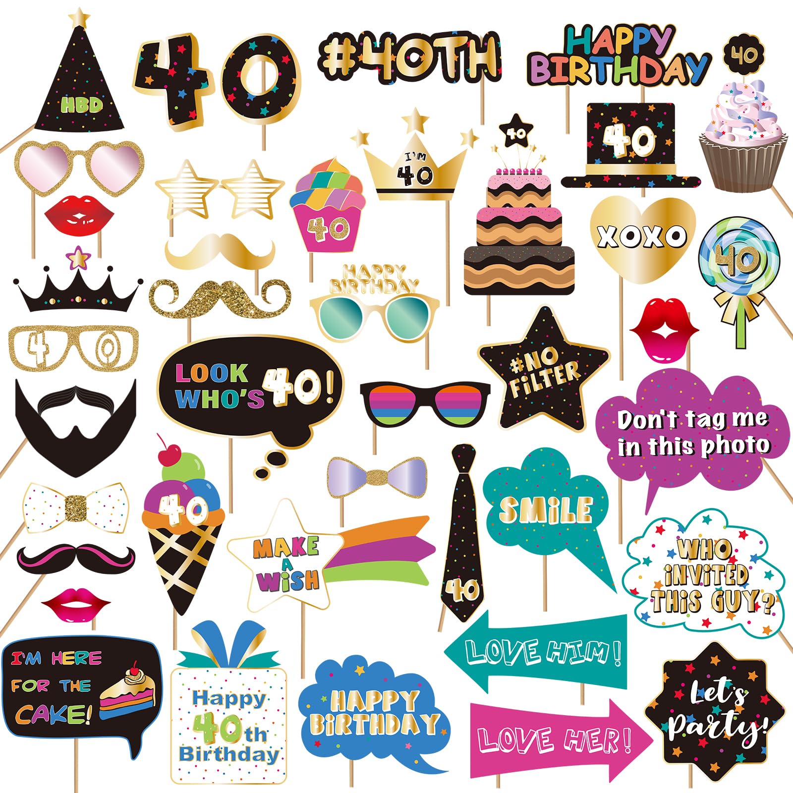 BRT Bearingshui 40th Photo Booth Props, 40th Accessories, Birthday Photo Booth and Signs for 30th, 30th Birthday Photo Booth Party Props, 30th Happy Birthday Party Decorations Supplies Favors