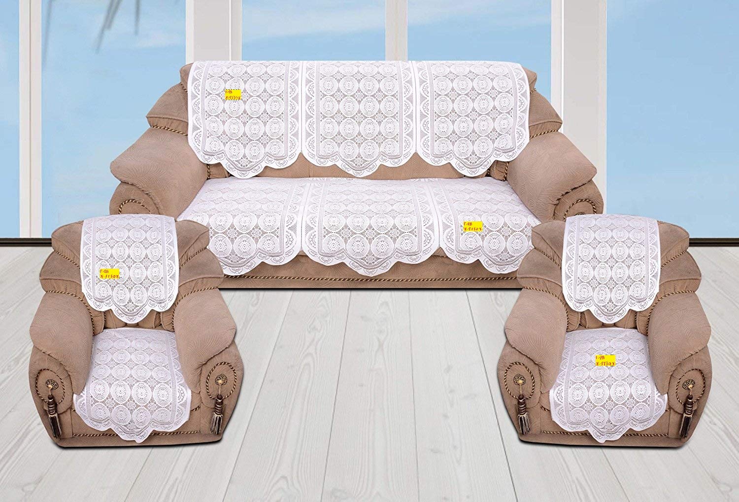 Fab Nation Geometric Polyester 10 Sofa Panels for 5 Seater - Net Lace Sofa Covers, Pristine (White)-image-12