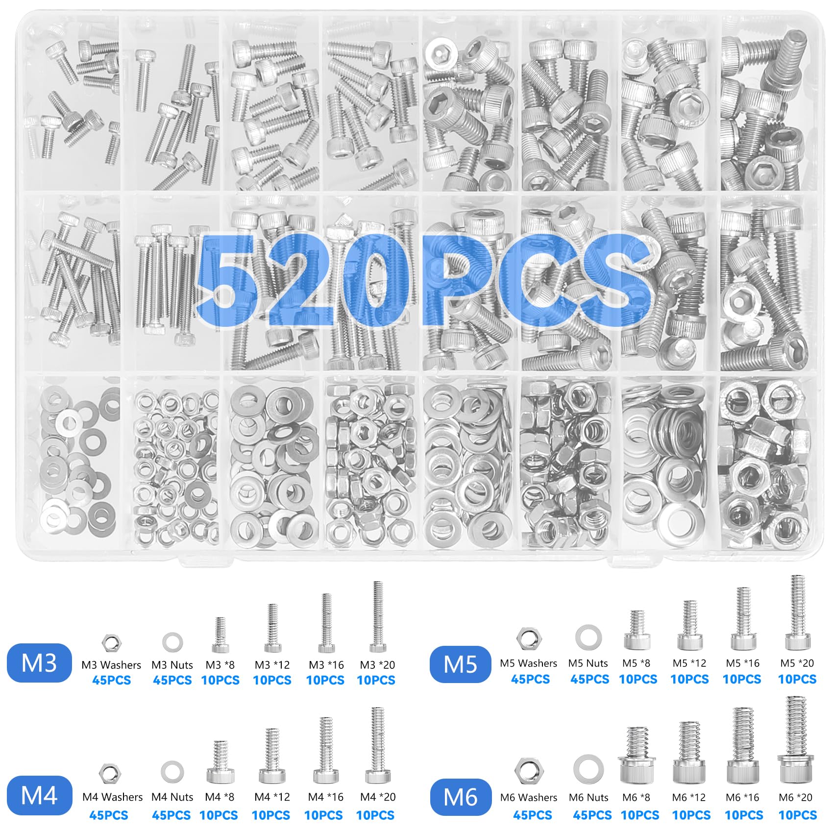 500 pièces Kit universel, vis à pans creux, écrous, boucles M3 M4 pour