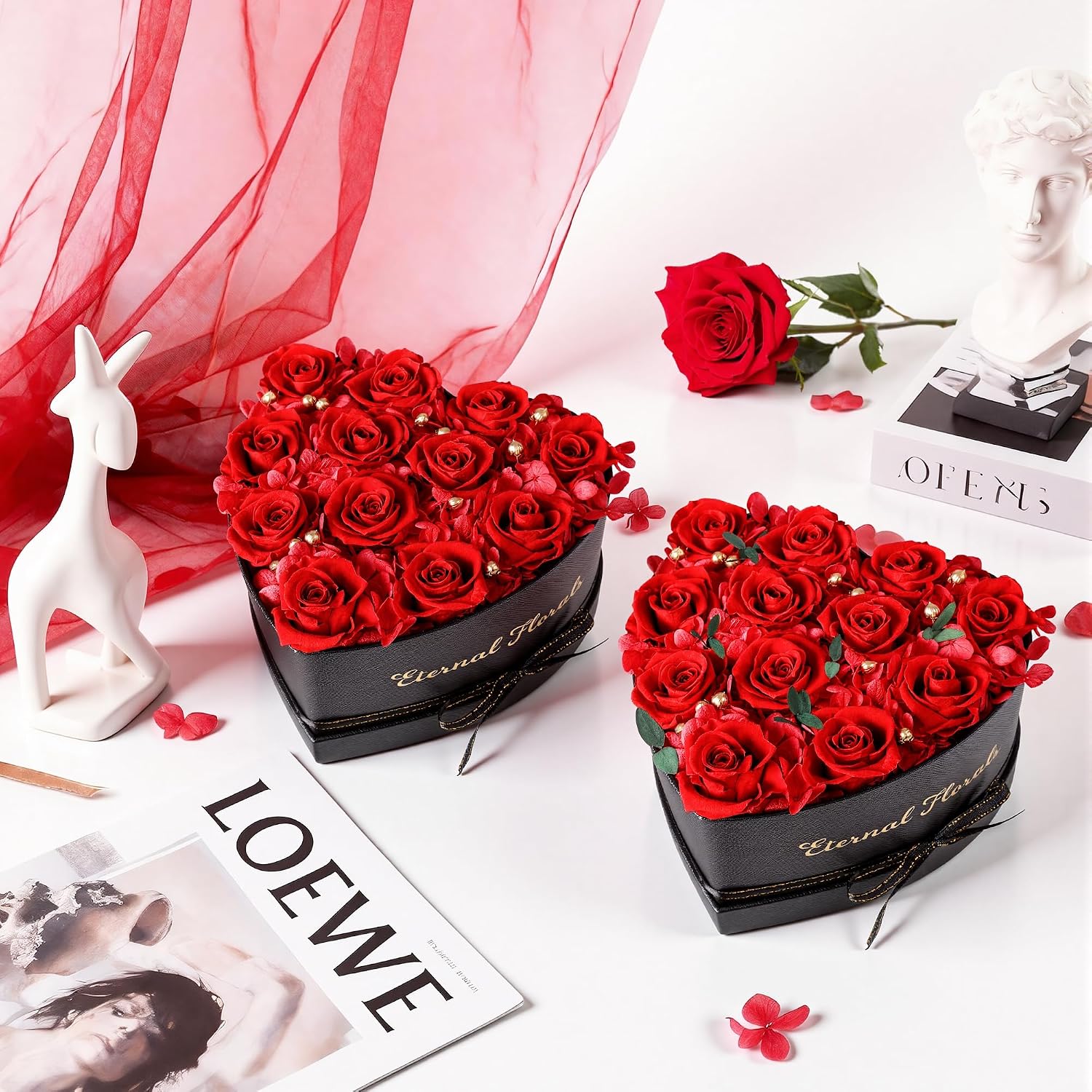 HyeFlora 12 Pcs Preserved Roses in a Box Birthday Gifts for Women, Red Hydrangea Flowers Eucalyptus Leave for Valentines Day Gifts for Wife Mom Girlfriend Grandma Anniversary Christmas Mothers Day