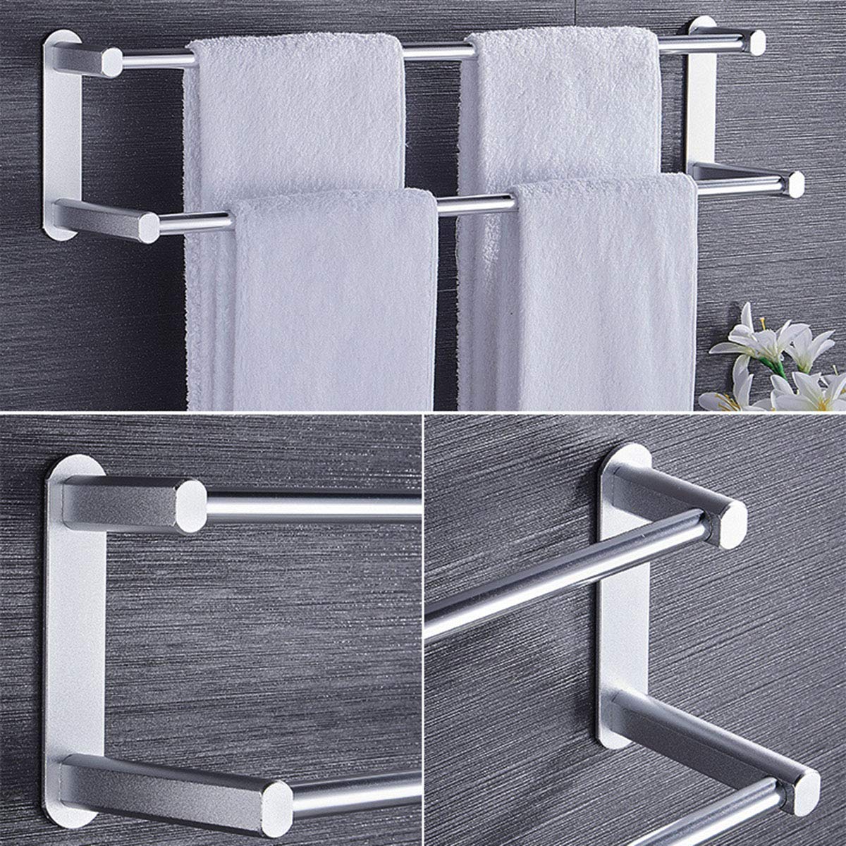 Handtuchhalter, 41 cm / 16,14 Zoll doppelschichtiger silberner Aluminium-Handtuchhalter, Selbstklebender Fester Handtuchhalter, an der Wand montierter Handtuchhalter in WC, Bad ode
