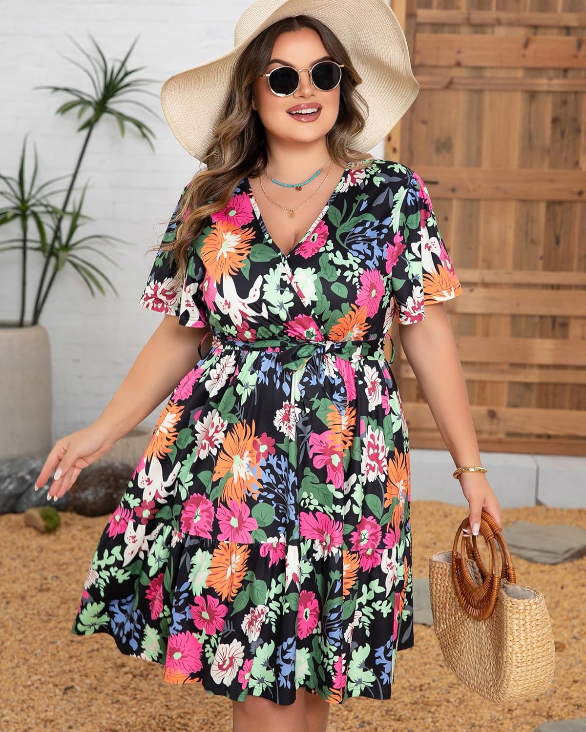 Plus Size Dresses for Curvy Women, Floral Sleeves Tiered Layers Casual Dresses,Summer Mini Dress with Empire Waist and Pocket - Image 2