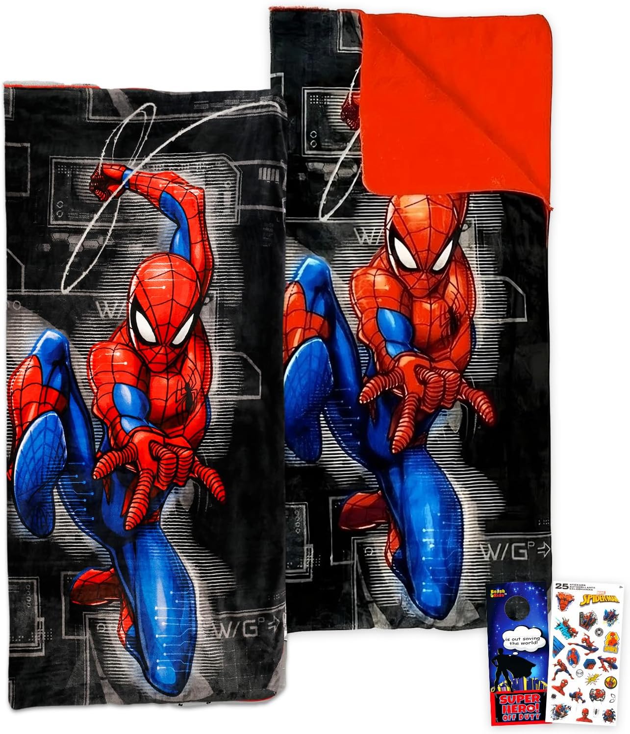 Marvel Spiderman Slumber Bag Set for Boys - Bundle of 54x56 Inches Spider-Man Sleeping Bag, Stickers, More | Spiderman Silk Touch Slumber Bag