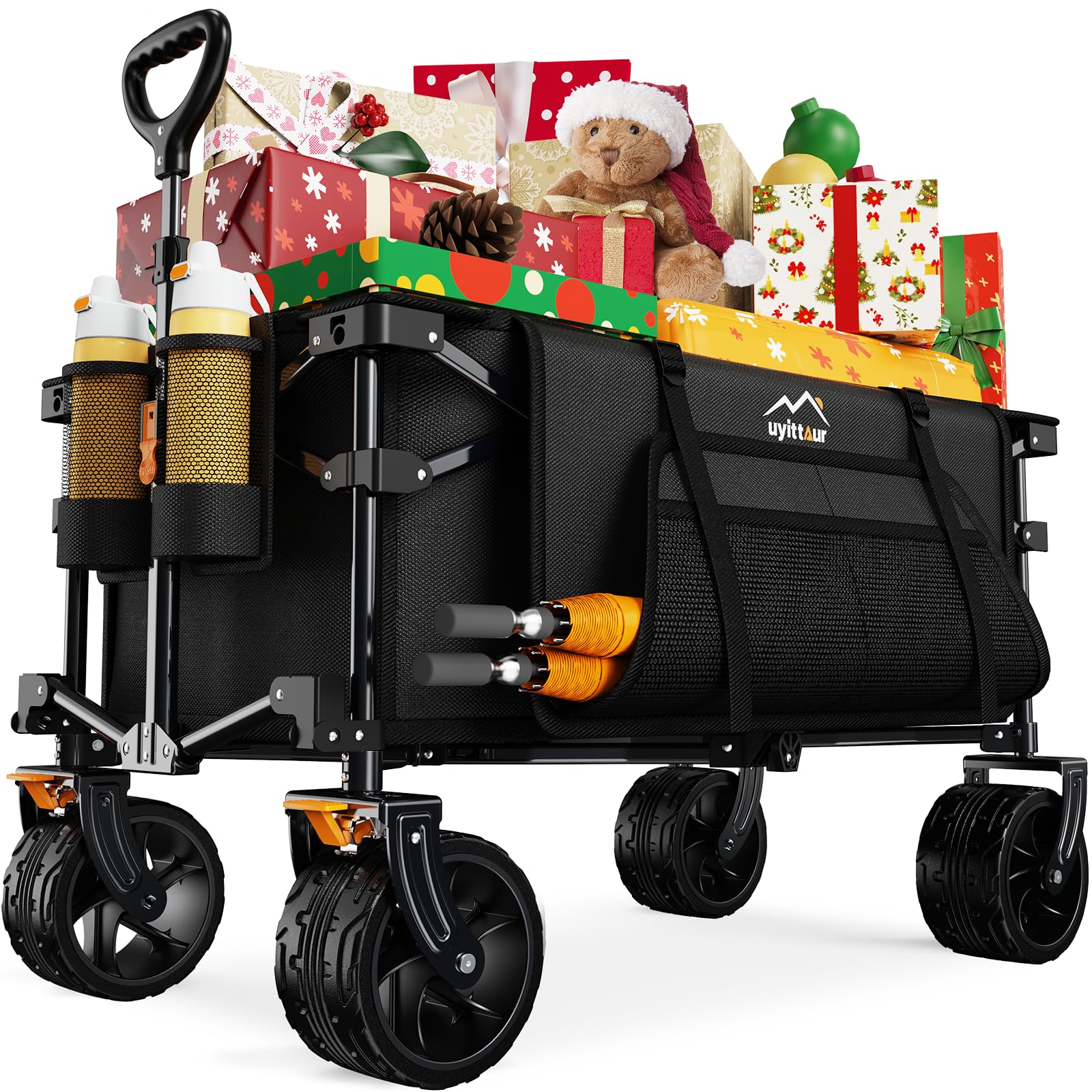 Collapsible Wagon Cart Heavy Duty Foldable, Folding Beach Wagon with Big Wheels for Sand, Utility Grocery Cart with Side Pocket and Brakes for Camping Sports Outdoor Activities, Black