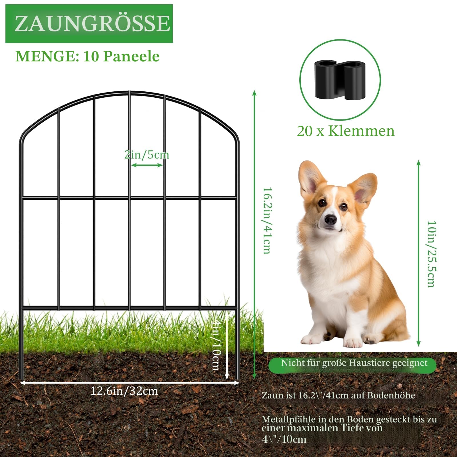 LIANTRAL 10 Stück Tierzaun Metall, Dekorativer Gartenzaun Steckzaun 41 cm x 3,2 m, Gewölbtes Design, Rostfrei, Kein Graben erforderlich, Zaun für Hunde & Kaninchen, Garten, Terrasse, Hof