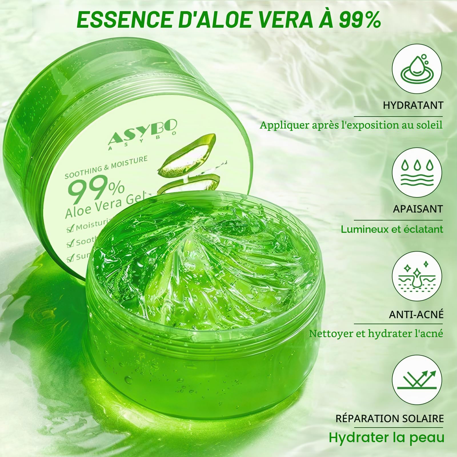 300 ml de gel d'aloe vera – 99% pur bio Aloe Vera Crème hydratante pour le visage et le corps, crème naturelle à l'aloe vera pour peau sèche, coups de soleil, acné