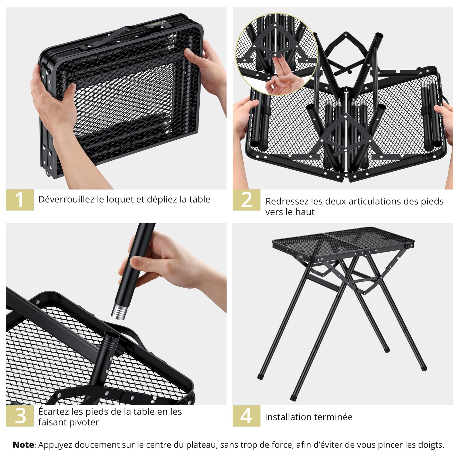 Anbte Table de Camping Pliable avec Hauteur Réglable, Supporte 82 kg, Ultra-Légère et Portable, Plateau Résistant à la Chaleur, Parfaite pour Jardin BBQ et Pique-Nique, 60x40cm