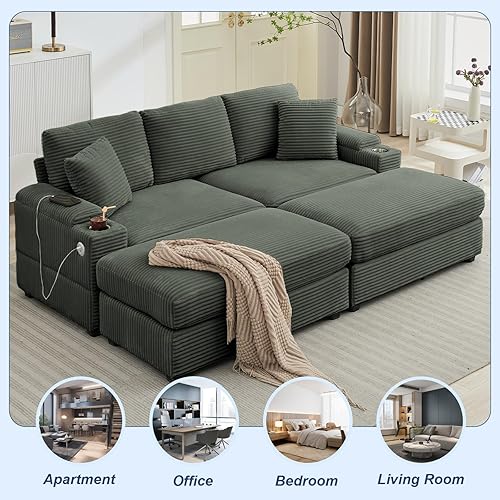 Miniatura 7 de Sofá seccional de 86.6" con 2 otomanos, cómodo sofá modular convertible tapizado en corduroy con soportes para tazas y USB, almacenamiento en los
