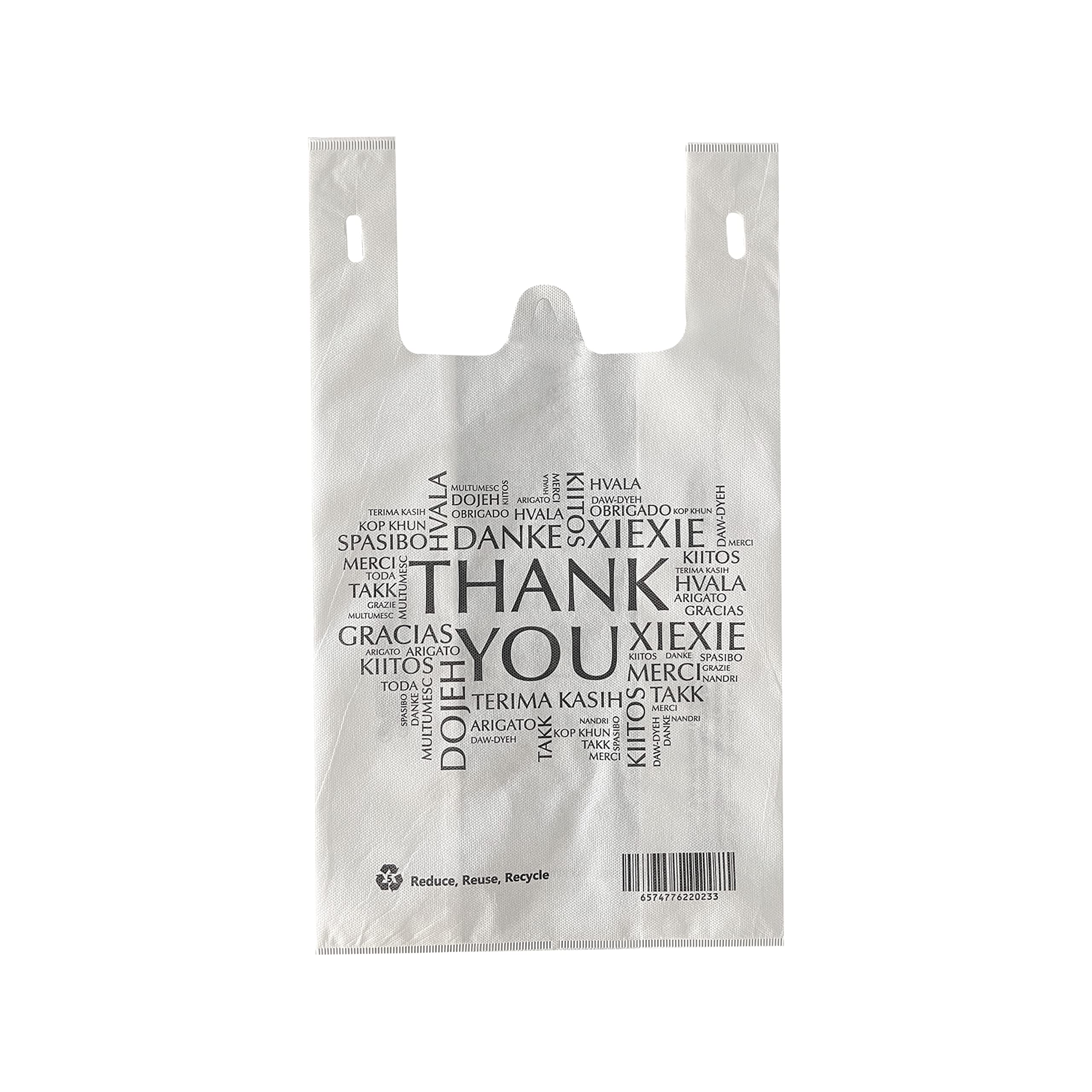 JET PAPER BAGS - 12.5”x7.7”x17.5” [10 Pcs] Large Non-Woven White Shopping Bags with Multilingual Thank You Print Prime for Takeout, Grocery, Retail, Weddings - Recyclable (White 10 Pcs Count)