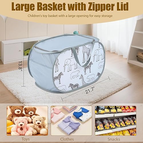 Miniatura 3 de Seefoo Cesta plegable de almacenamiento de juguetes con tapa de cremallera y asas, organizador plegable de animales de peluche, baúl ligero de