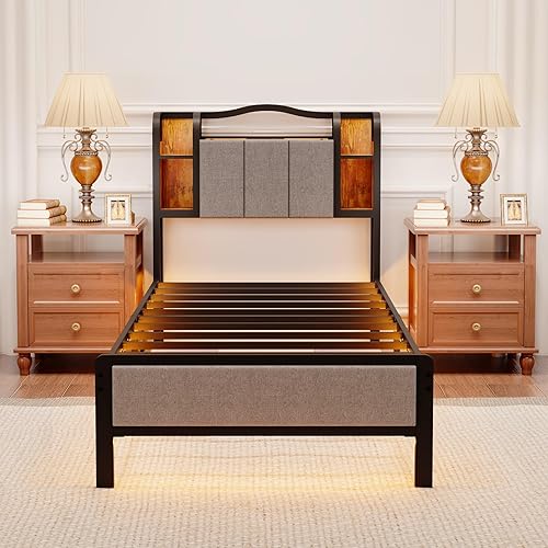 Miniatura 7 de Base de cama tamaño Twin XL con cabecero tapizado y piecero, marco de cama de metal con luces LED y estación de carga, no necesita somier, fácil