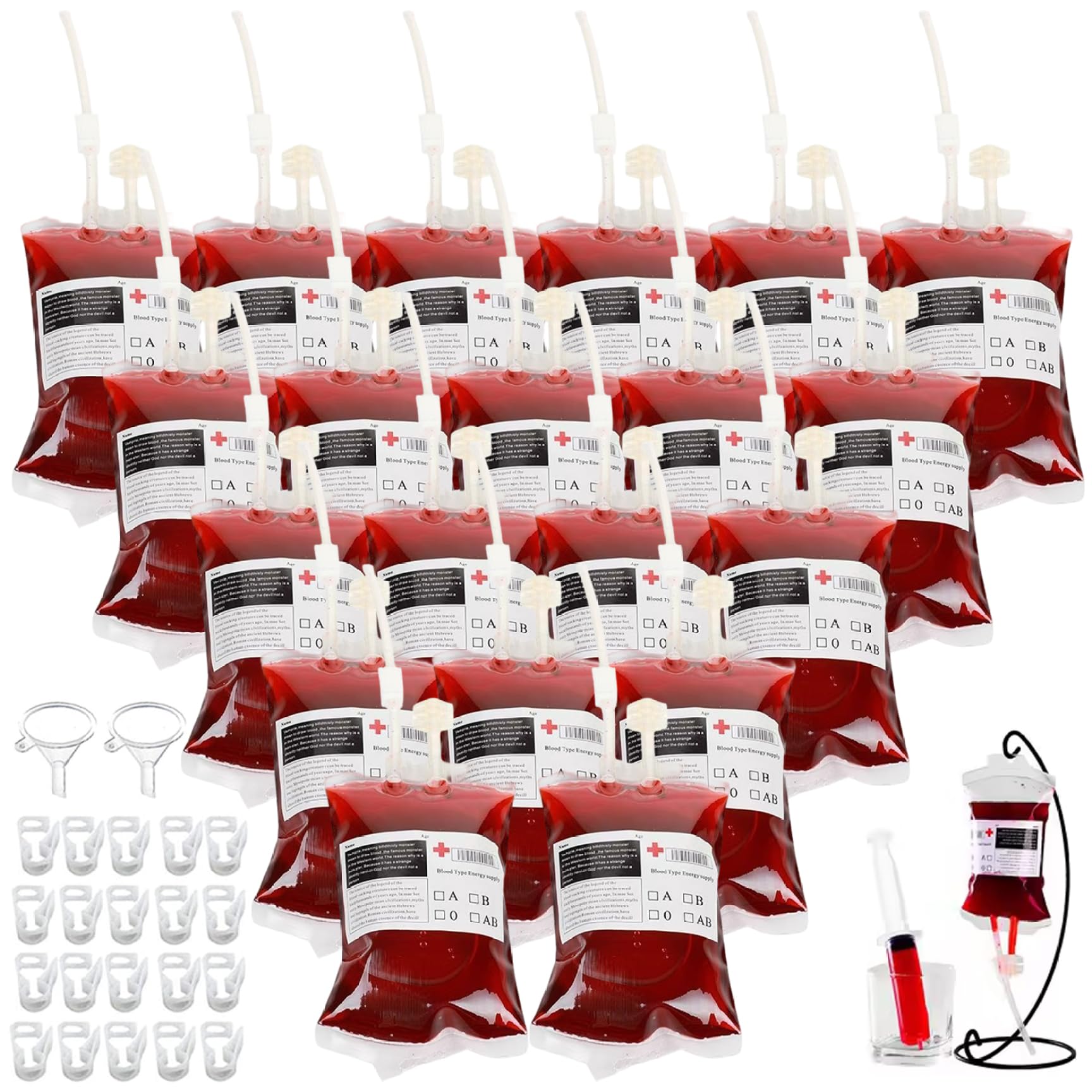 Hbbgdiy 20Pcs Blood Bags for Drinks with Funnels Clips Labels, Sealing Thickened Halloween Vampire Drink Pouches for Juice, Beverages, Cocktails, Party Props and Decorations