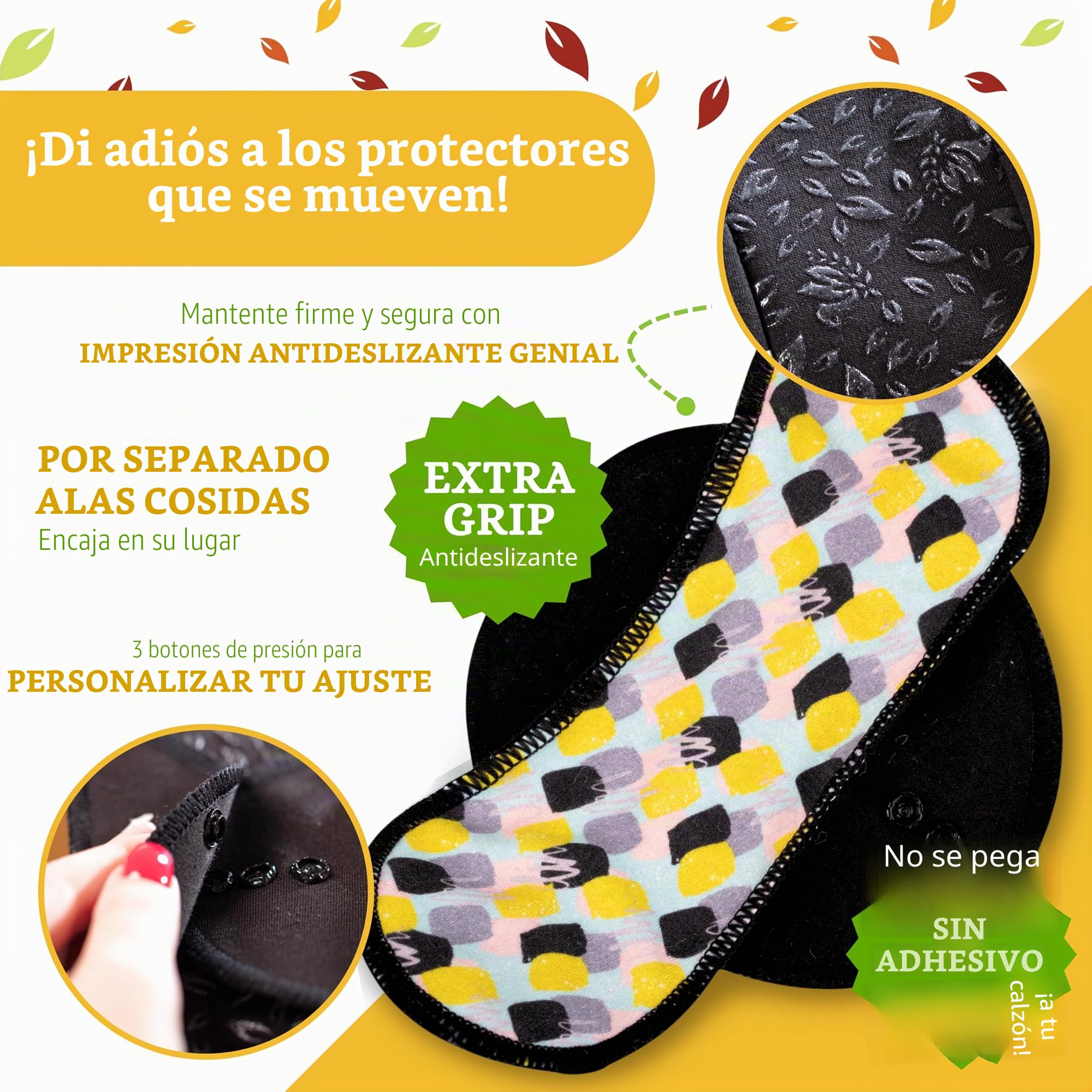 Salvaslip reutilizables antideslizantes en bambú orgánico para flujo blanco (S, 7 uds.); lavables a alta T°, 100% transpirables, salvaslip de tela sin olores, protección femenina diaria (sin PUL)