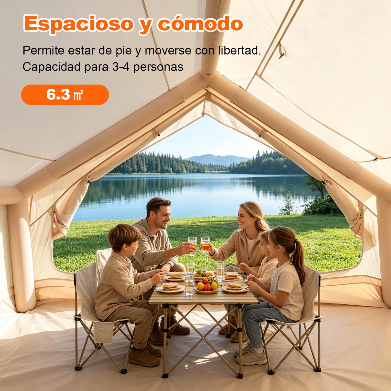 Tienda de Campaña Inflable con Bomba Manual, Tela Oxford 210D, Impermeable, Protección UV, para 3 – 4 Personas, Camping, Glamping, Viajes Familiares al Aire Libre