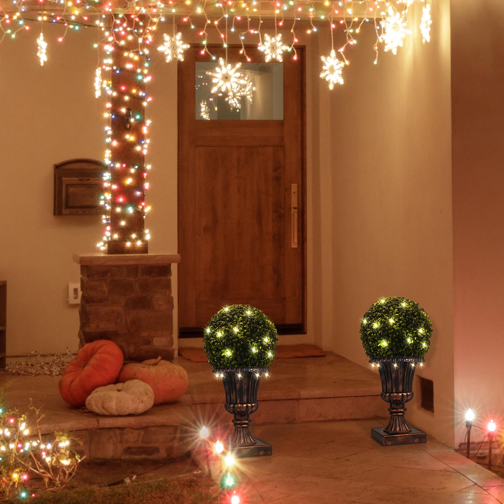 GarveeHome Topiaire Artificiel en buis éclairé avec Pots Vintage - 2 Boules Vertes 24" 38 LED Blanc Chaud - Résistant UV/intempéries, Jardin, Balcon, entrée