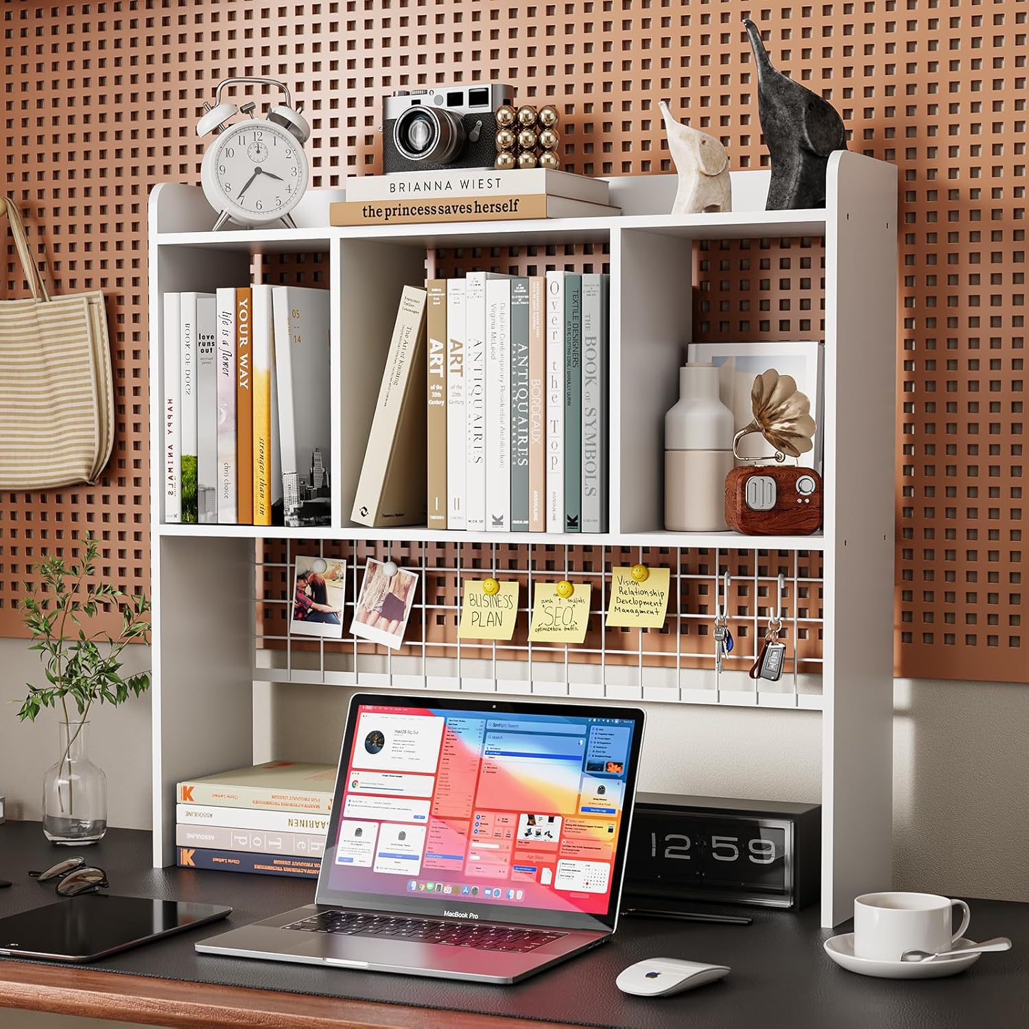 Desktop Bookshelf,Countertop Storage Hutch with 3 Shelves for Computer Desk，2-Tier Display Rack with Grid Panel, Multipurpose Wood Desk Hutch Storage Organizer for Home Office Dorm (White)