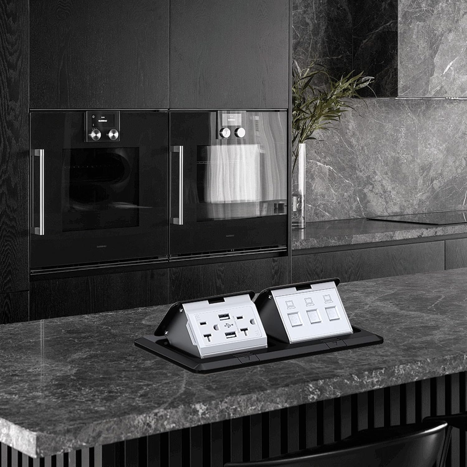 Floor Electrical Outlet Box,Floor Receptacle Kit with 20A Tamper-Resistant Protected USB Charging Port and 3-Port RJ45 Ethernet,Mount Floor Plug Outlet for Home/Office/Hotel（Black）