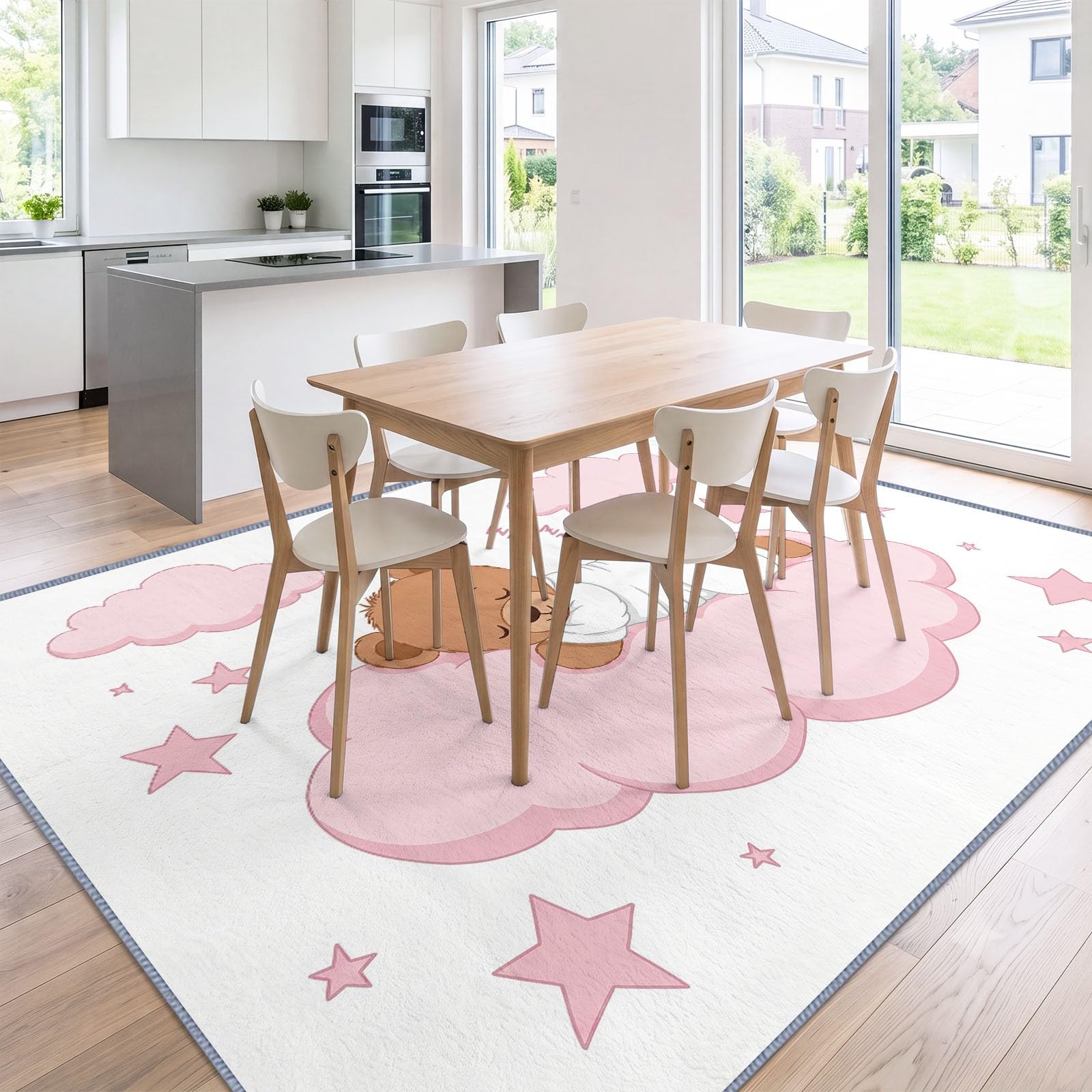 Tappeto per soggiorno con cartoni animati, 120 x 170 cm, motivo a forma di orsetto rosa, nuvola rosa, lavabile in lavatrice, antiscivolo, design moderno, a pelo basso, stampato, per bambini e animali