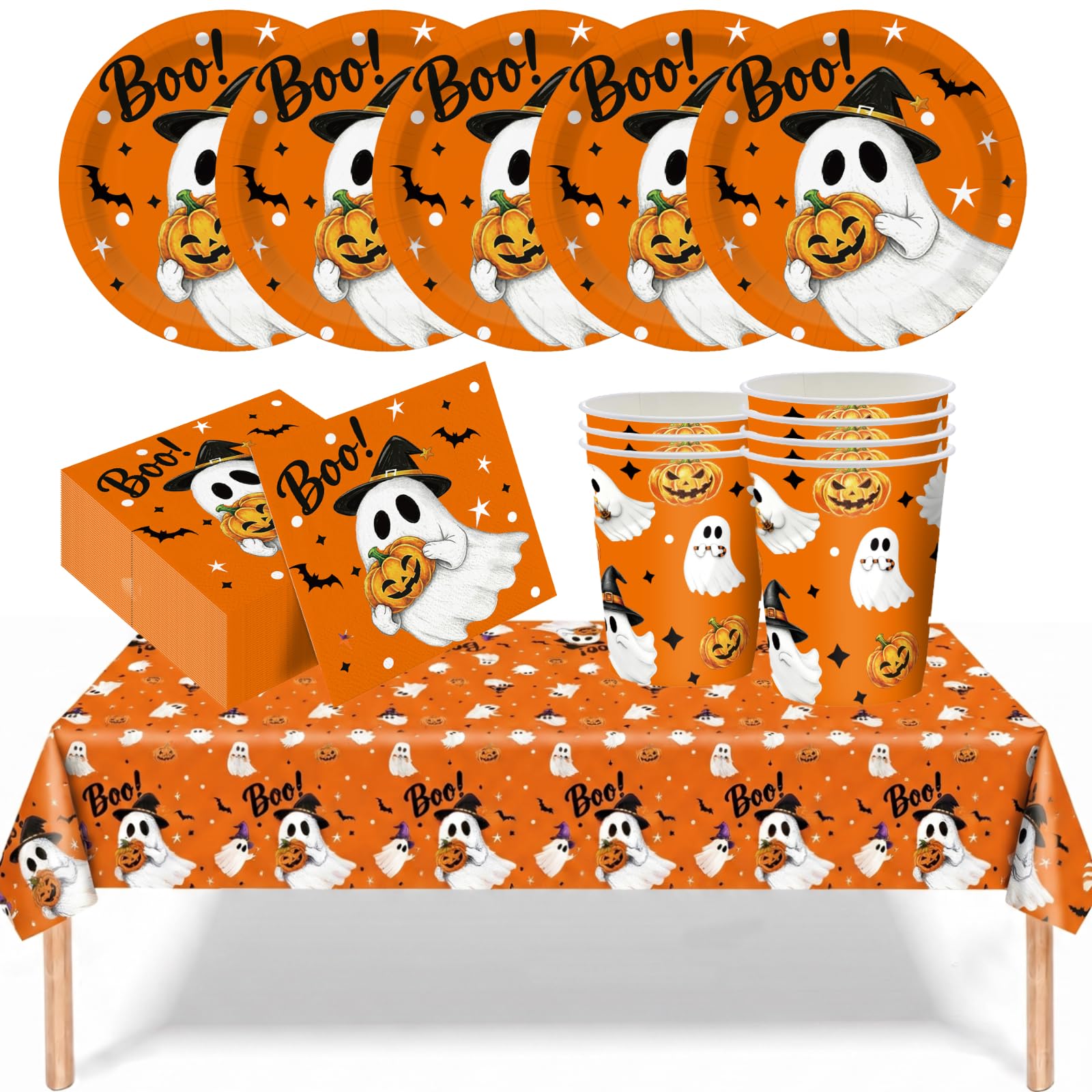 YESAH 53P Halloween Tableware Set,Orange Ghost Paper Dinnerware Pack โ image 1