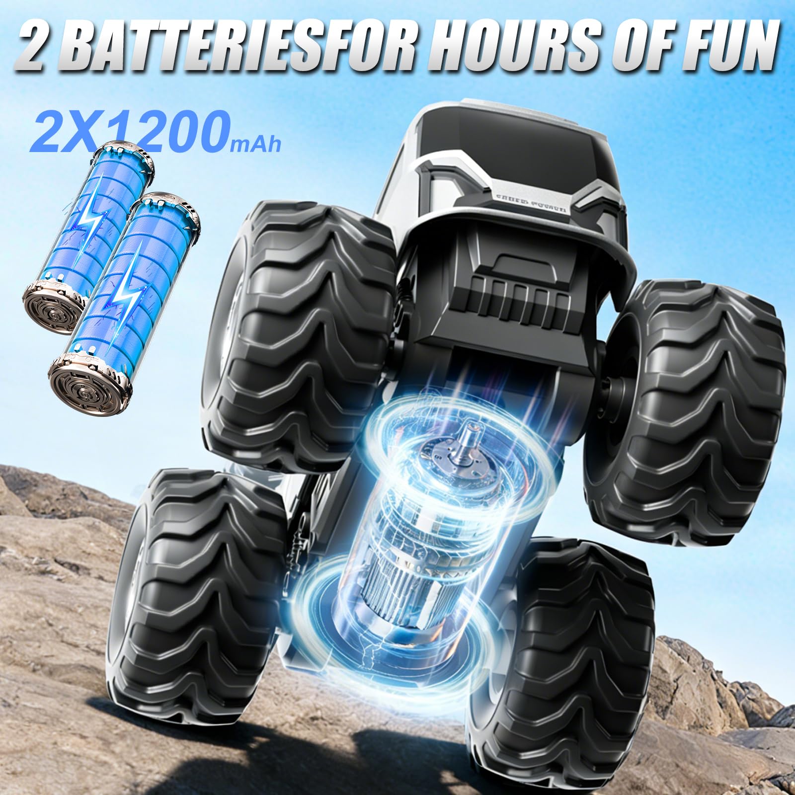 Coche Teledirigido Anfibio con Cañones de Agua, 2.4 GHz RC Coche Teledirigido 360° Rotación y Luces LED, Batería Doble Todoterreno Teledirigido 4x4 Regalo Niños 6 7 8 9 10 11 12 Años