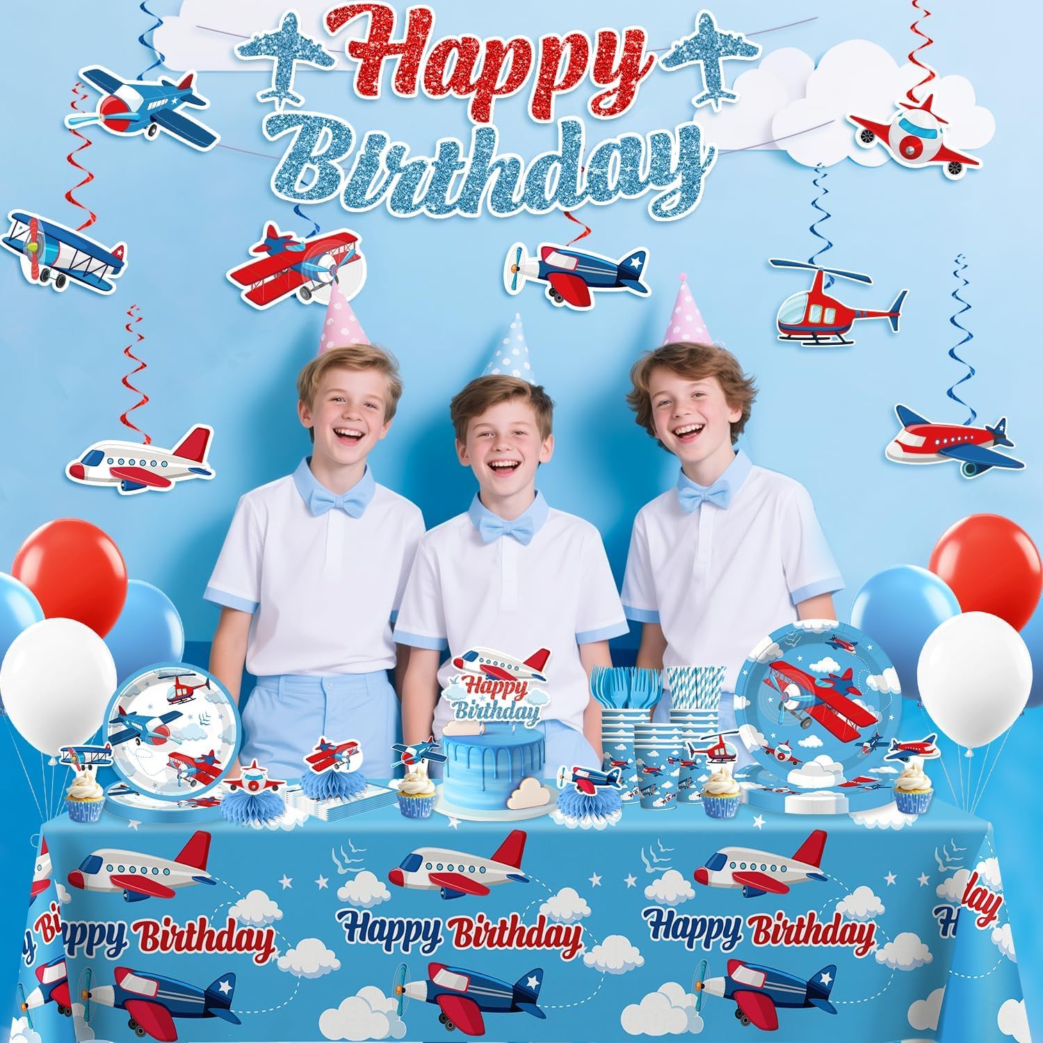 212 Pcs Airplane Birthday Party Decorations, Airplanes Party Banner Balloons Blue Sky and Red Paper Plates Napkins Set with 2 Pcs Airplane Table Cloth Airplane Flight Plane Themed Decorations