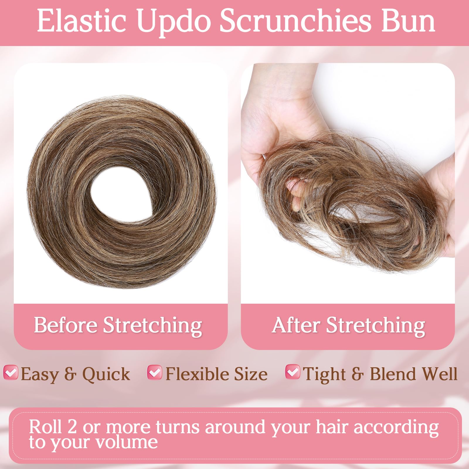Benehair Human Hair Messy Bun Straight Hair Scrunchies for Women Elastic Hair Bun Hairpiece Donut Accessories #4/27 Medium Brown Mix Dark Blonde 17g - Image 4
