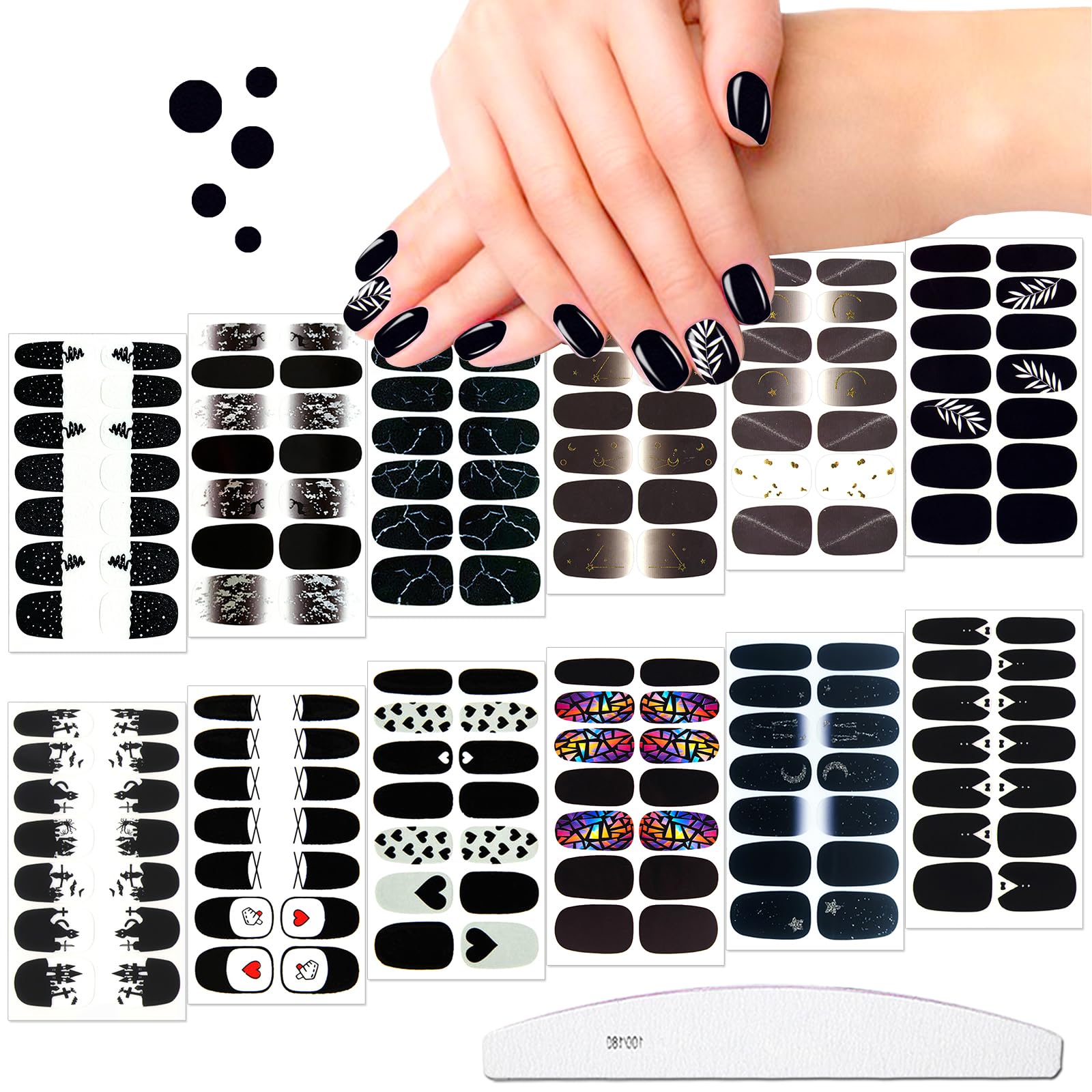 JERCLITY 168 Pieces 12 Sheets Women's Black Nail Wraps Self-Adhesive Nail Polish Strips Stickers Full Cover Nail Art Decals False Nail Strips Manicure Kit with Nail File for Women Girls