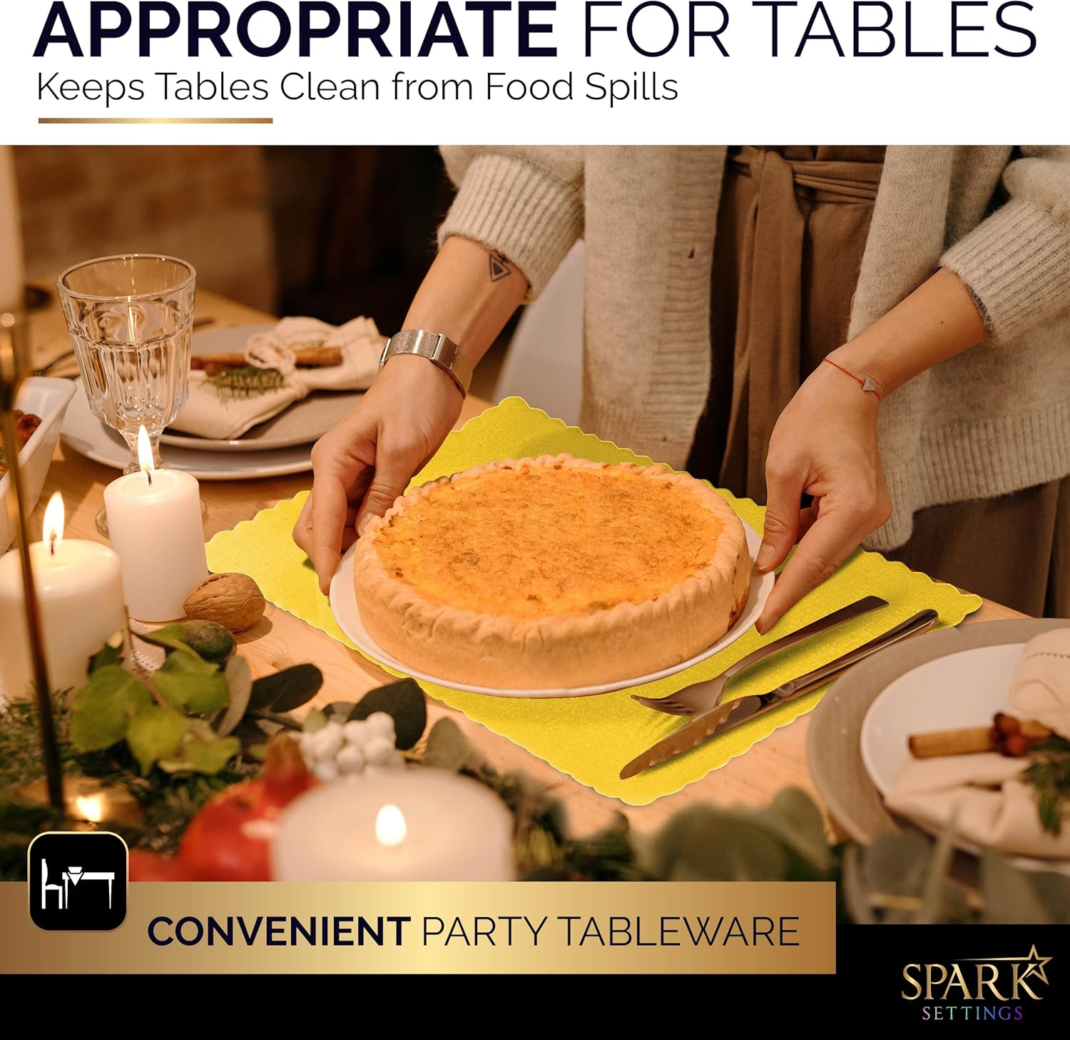 Paper Placemat Disposable, Yellow Place Mats with Scalloped Edges, Durable Paper Placemat for Holiday Wedding Party Supplies Decor, 9.75 X 14 Inches, Pack of 50 - by SparkSettings