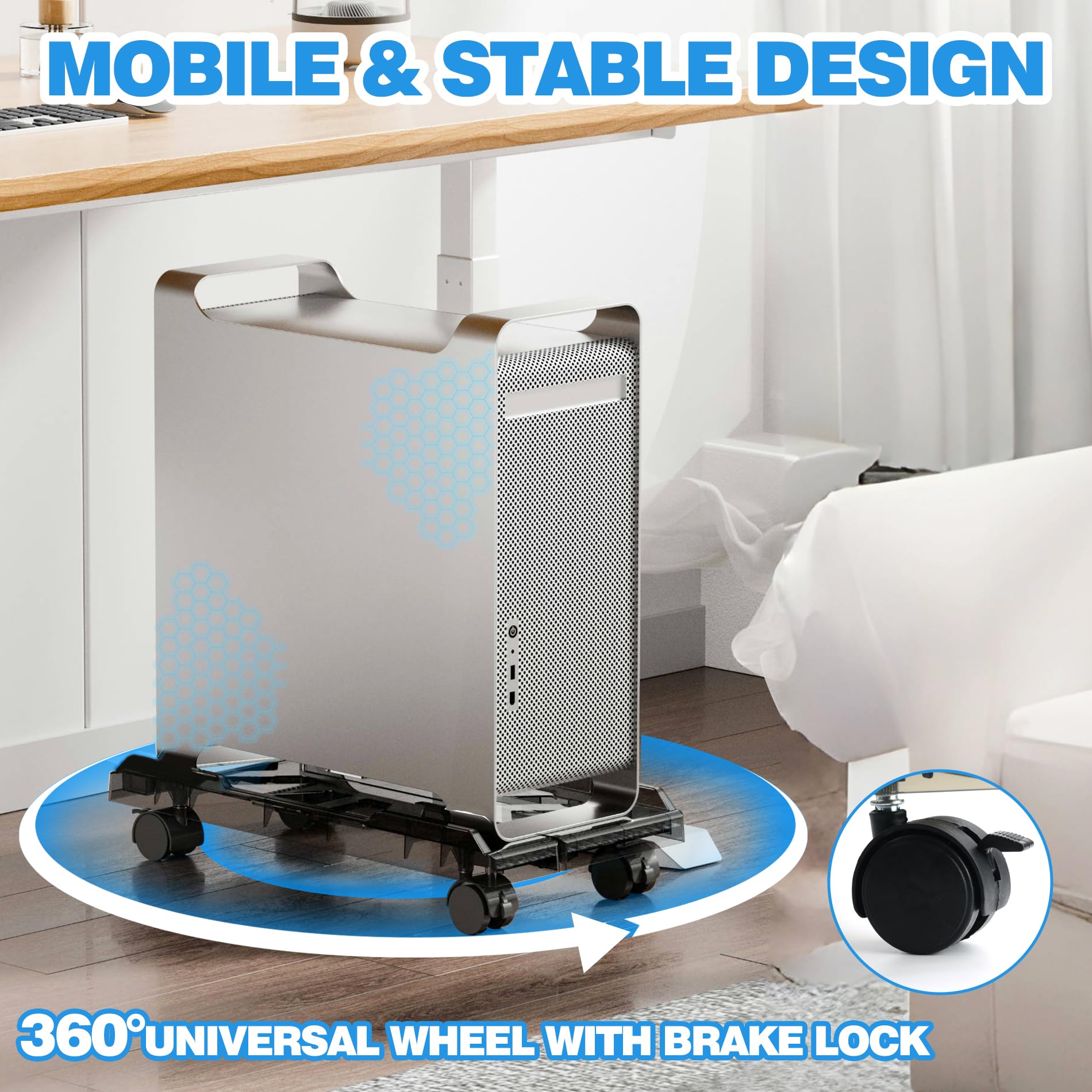 Hmfmdy CPU Ständer Für PC, Desktop Computer Tower Ständer, Einstellbare CPU Halterung, Universal Mobil-PC Ständer mit rollenden feststellbaren Lenkrollen CPU-Wagen Unter Schreibtisch - Schwarz