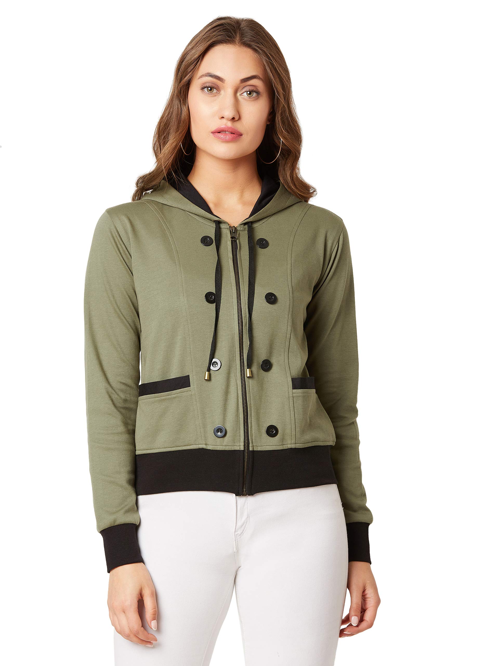 miss chase Women's Olive Green Hooded Full Sleeves Solid Drawstring and Eyelet Detailing Regular Length Jacket-picture-37