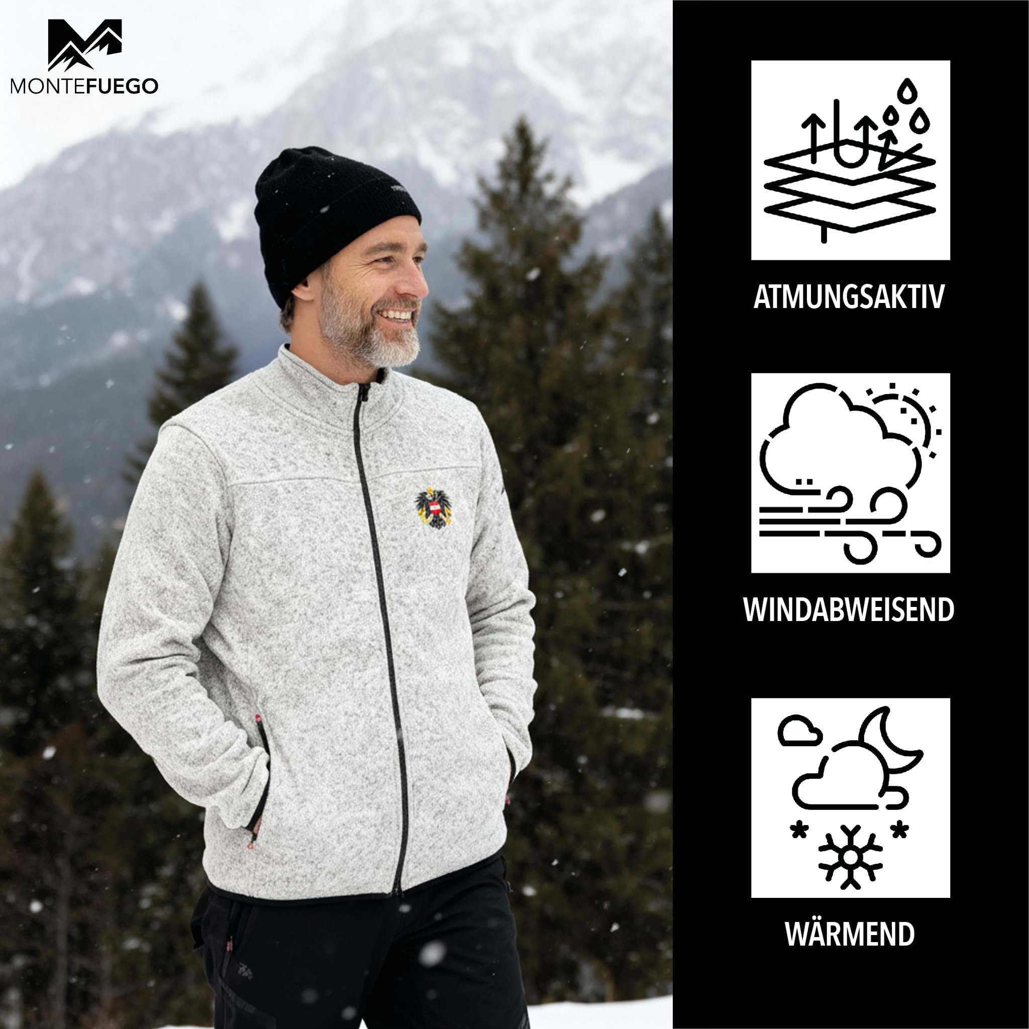 MONTE FUEGO Österreich Jacke Herren Grau mit Reißverschluss, Österreich Adler Stick, Fleecejacke Herren, Jacke Herren div. Größen, Übergangsjacke Herren