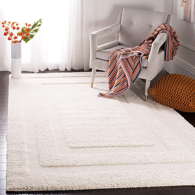 zesper Shag Collection Carpet for Living Room Abstract Textured 1.18-inch Thick Area Rug (Ivory n Ivory, 3x5)