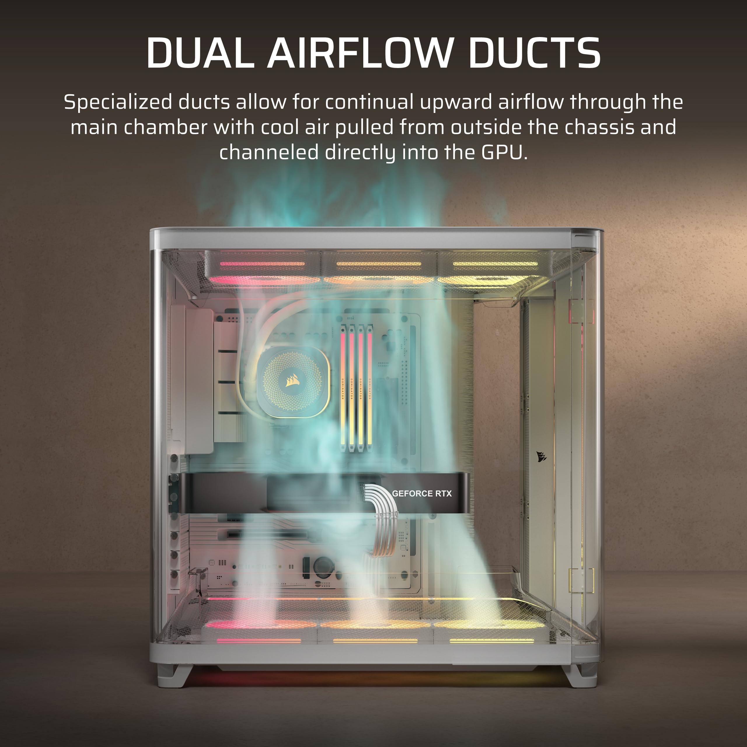 CORSAIR AIR 5400 LX-R RGB iCUE LINK trzykomorowa obudowa Mid-Tower Panoramiczna PC – 3 x wstępnie zainstalowane wentylatory LX-R RGB z odwróconym wirnikiem, niski poziom hałasu, kanały o wysokim