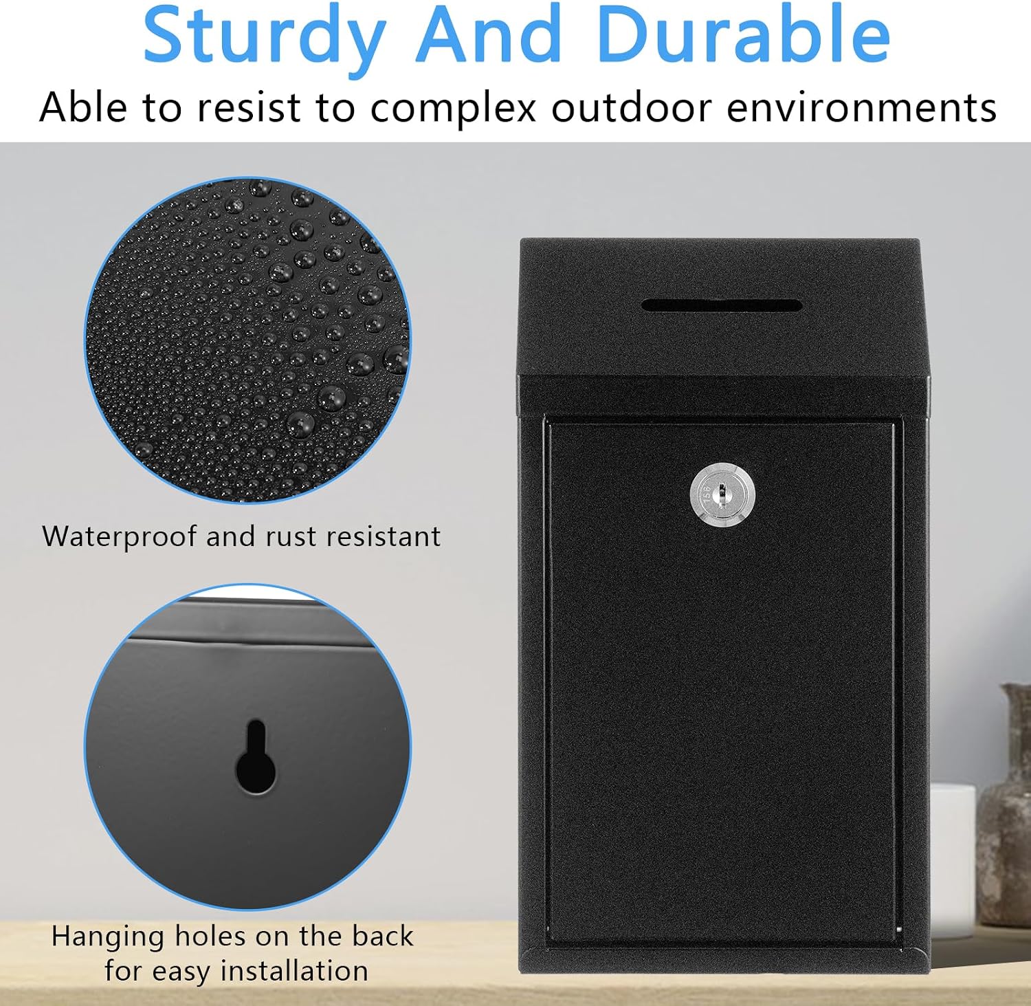 Metal Donation Box Collection Box Suggestion Box with Lock Wall Mounted Mailbox Delivery Ballot Box Safe Ballot Box Key Drop Box for Home Office Outdoor Door, 10.24 x 8.66 x 3.15 Inch