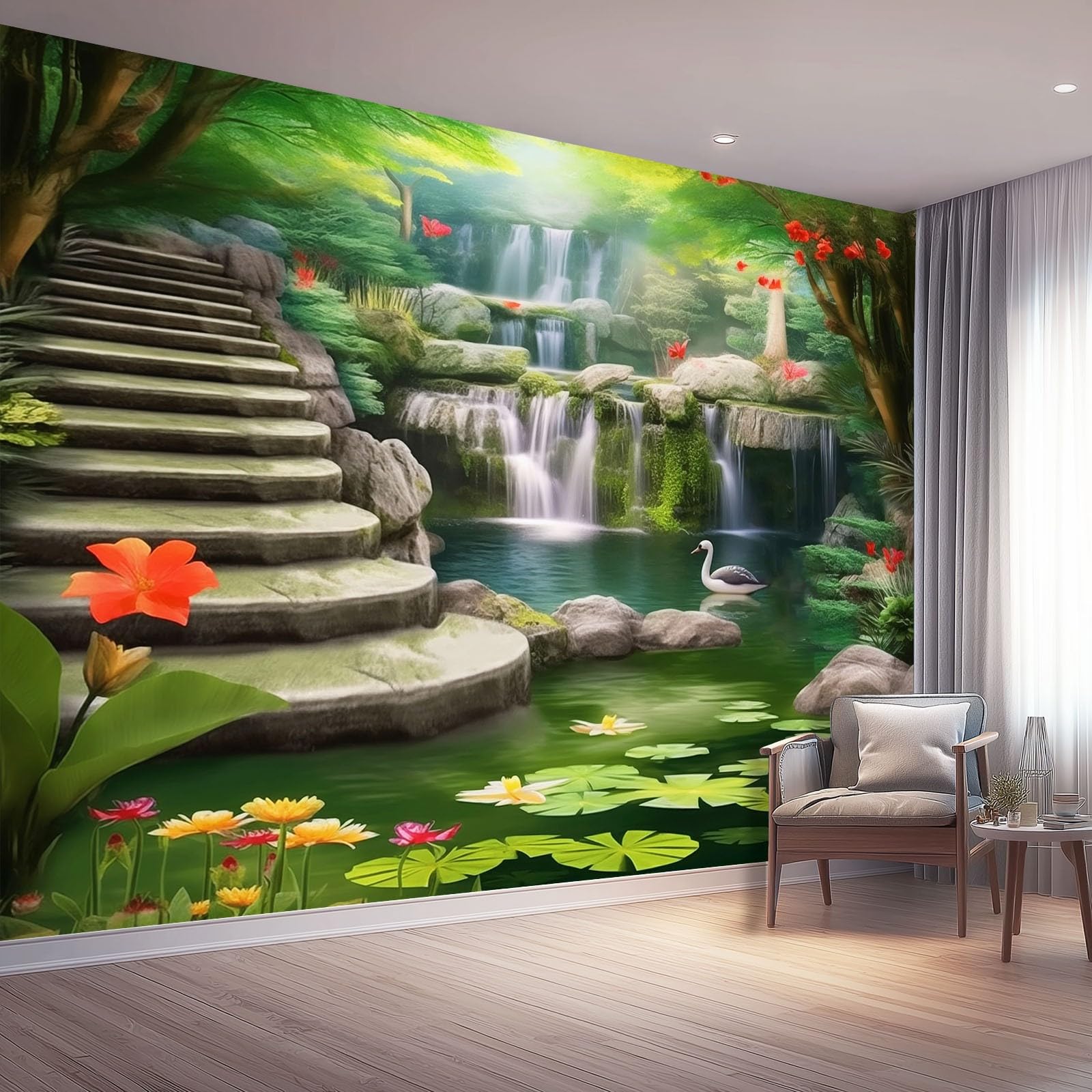 Tapeta 3D włóknina naturalna wodospad 3D 350 x 256 cm tapeta dekoracja ścienna do salonu sypialnia zielona