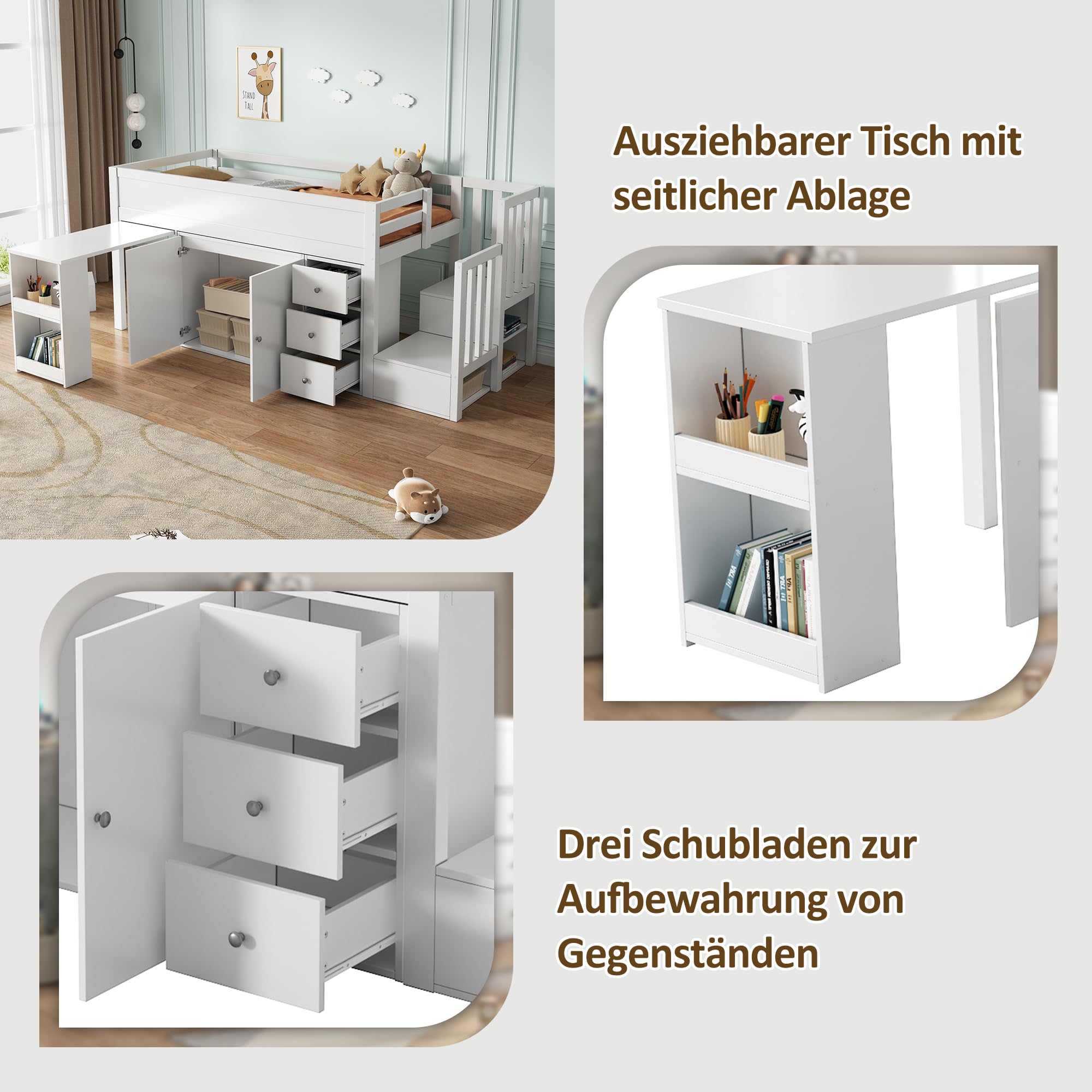 Soweiz Cuna, cama alta para niños con escritorio extensible y compartimento lateral de almacenamiento, con armario, con cajón, con escalera y armario para escaleras, sin colchón, color blanco 90 x 200