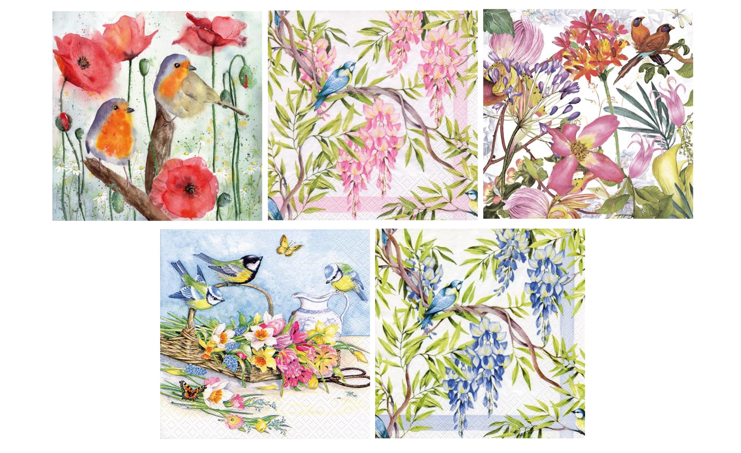 Itsy Bitsy - Decoupage Napkin 13 X 13 Inch 3 Ply 2 Pc Each (Red Poppy & Robin | Pink Wisteria | Exotic Garden | Blue Wisteria | Garden Buddies)