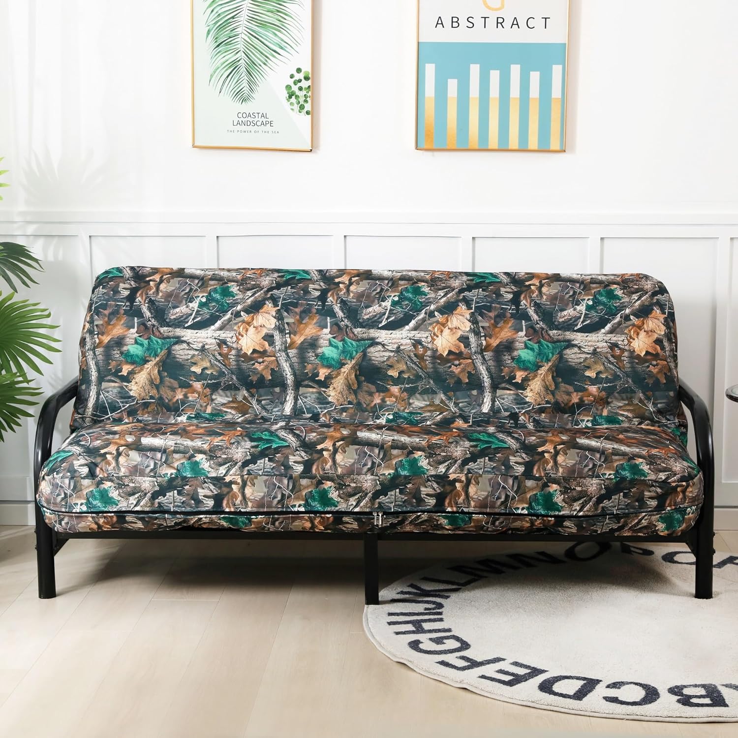 OctoRose Full Size 3 Side Zipper Linen Printing Camo Green Futon Cover Sofa DayBed Couch Mattress Slipcover (Oxford-camo, Full Size)