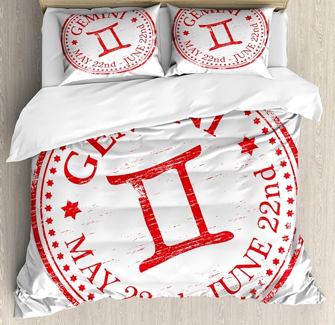 Ambesonne Zodiac Gemini Duvet Cover Sets, Weathered Old Rubber Stamp Design Vintage Circle Stars Sign and Dates, Bedding Set with 2 Duvet Covers & 4 Pillowcases, 2 Pack Queen Size, Scarlet and White