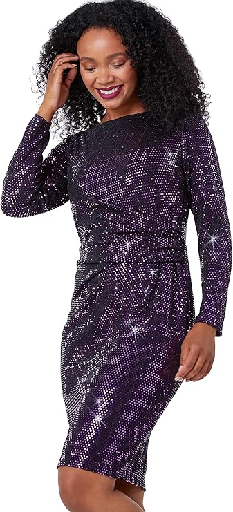 Roman Petite Ruched Glitter Dress for Women UK - Ladies Autumn Everyday Winter Holiday Round Neckline Comfy Long Sleeve Soft Frock Knee Length Gowns
