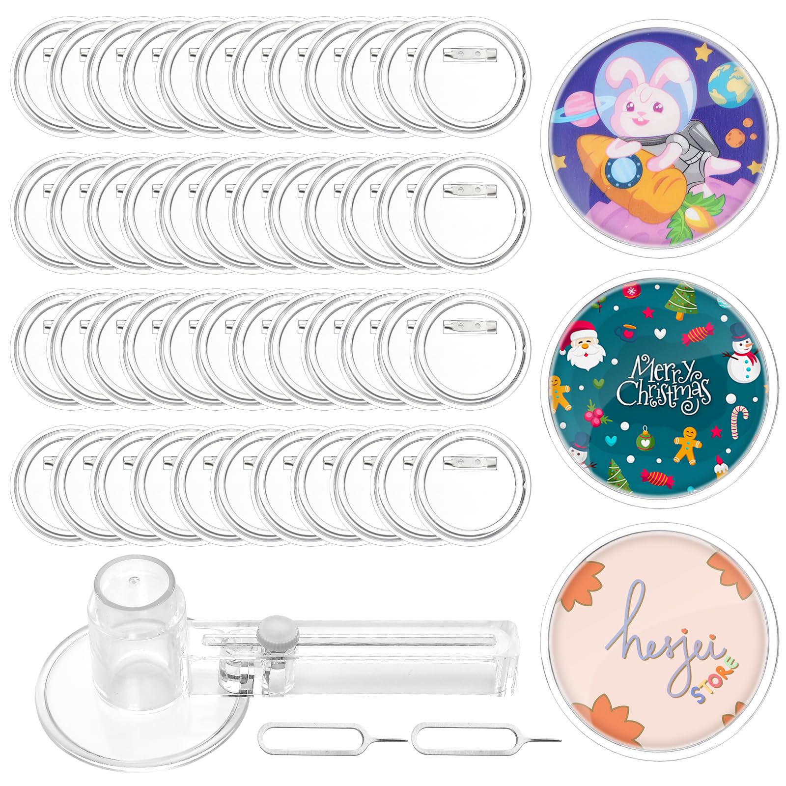Milkary 50Pcs Acrylic Button Pin Badge, 2.26 Inch Clear Button Maker Badges Kit Including Button Circle Cutter and 2pcs Removal Tool for DIY Crafts Photo Activities Backpacks Cloth Party