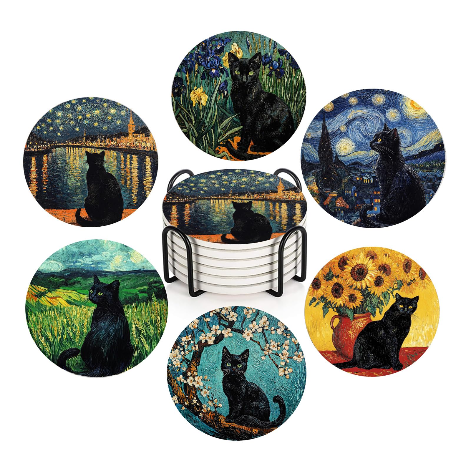 ubcindy 6 Pcs Black Cat and Van Gogh Art Coasters for Drinks,Round Absorbent Ceramic Coaster with Metal Holder, Starry Night Sunflower Irises Flower