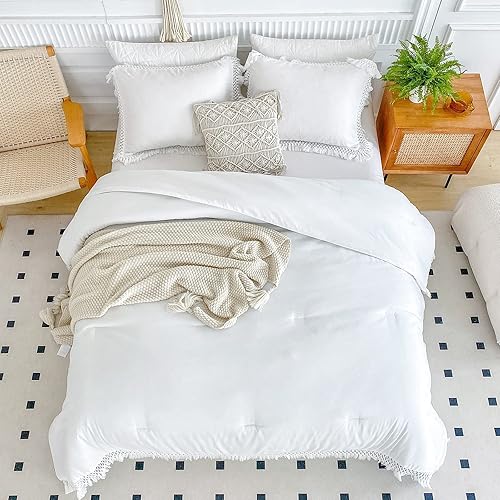 Miniatura 8 de Juego de edredón con borlas blancas, tamaño Queen de 90 x 90 pulgadas, 3 piezas con flecos rosados, juego de ropa de cama bohemio de microfibra